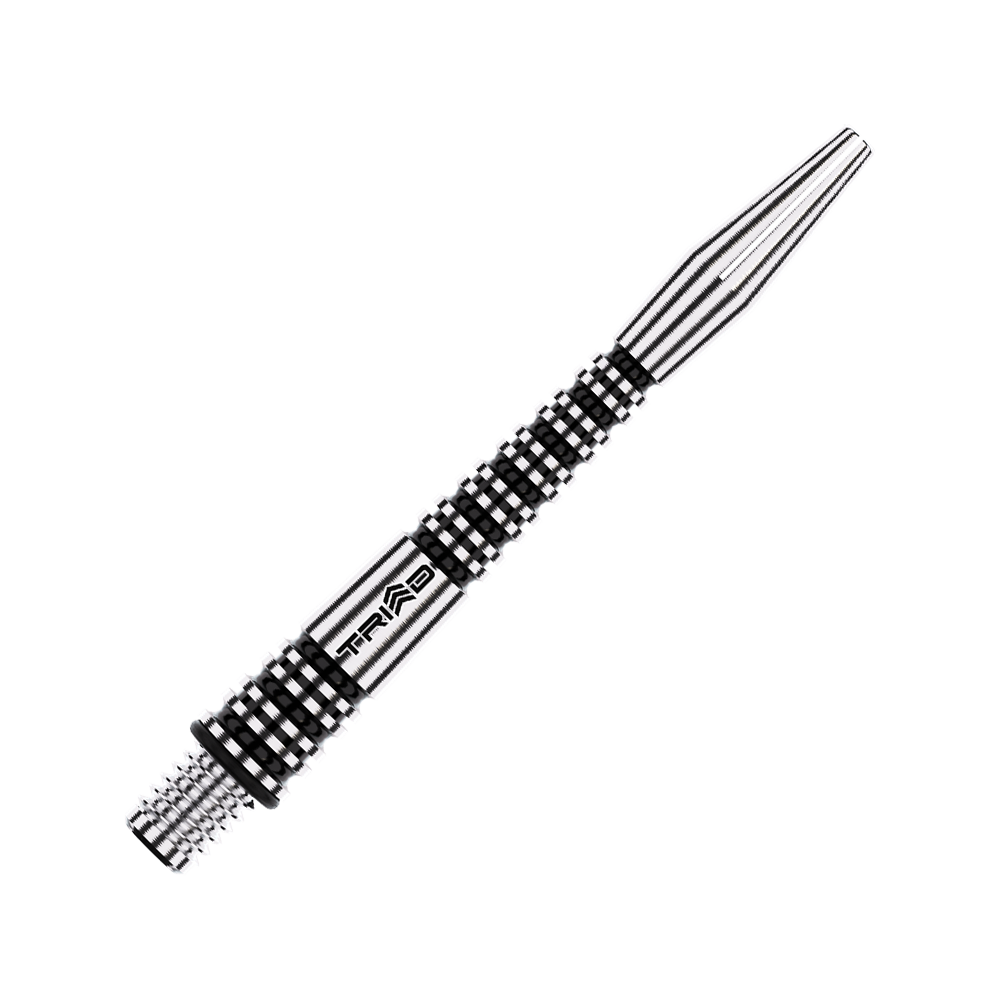 Winmau Triad RX Aluminium Shafts - Schwarz Das Bild zeigt einen schwarzen und silbernen Aluminium-Dartshaft mit dem Schriftzug "TRIAD". Der Schaft hat ein geriffeltes, strukturiertes Design für besseren Halt.