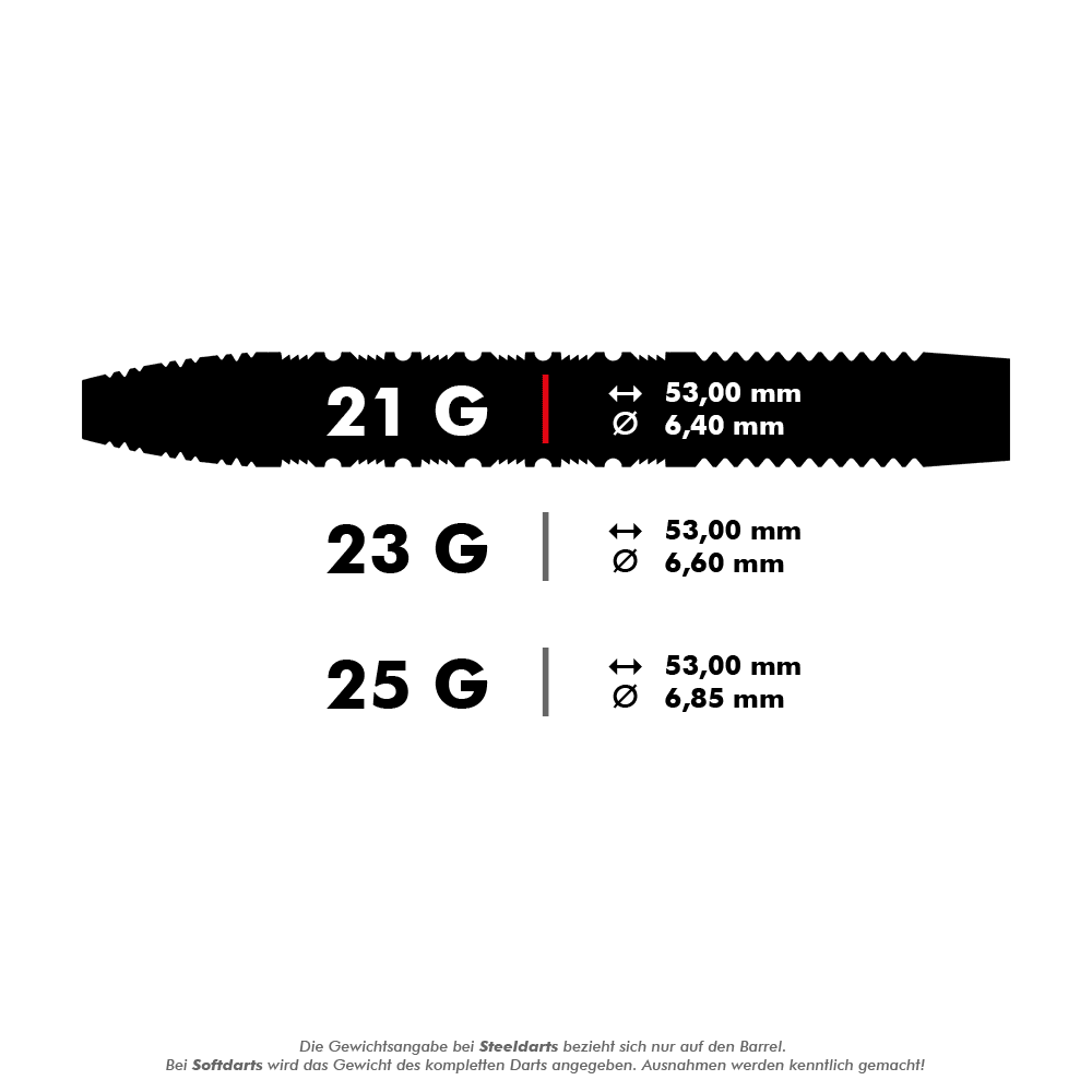 Das Bild zeigt die Produktinformationen für die "Target Bolide 01 Swiss Point Steeldarts". Die Darts wiegen 21 Gramm und haben eine Länge von 53,00 mm sowie einen Durchmesser von 6,40 mm.