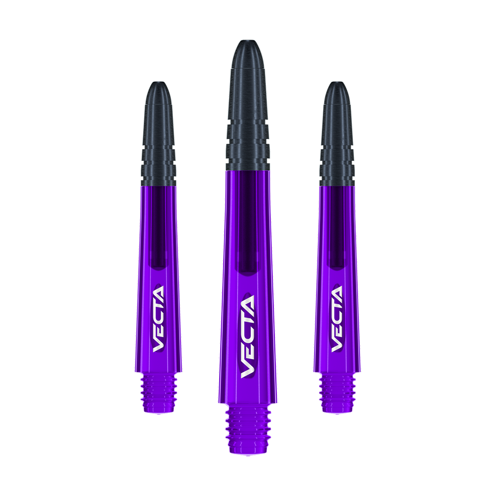 Das Bild zeigt drei violett-schwarze Dartschäfte mit der Aufschrift "VECTA". Sie sind gleich lang und nebeneinander angeordnet.