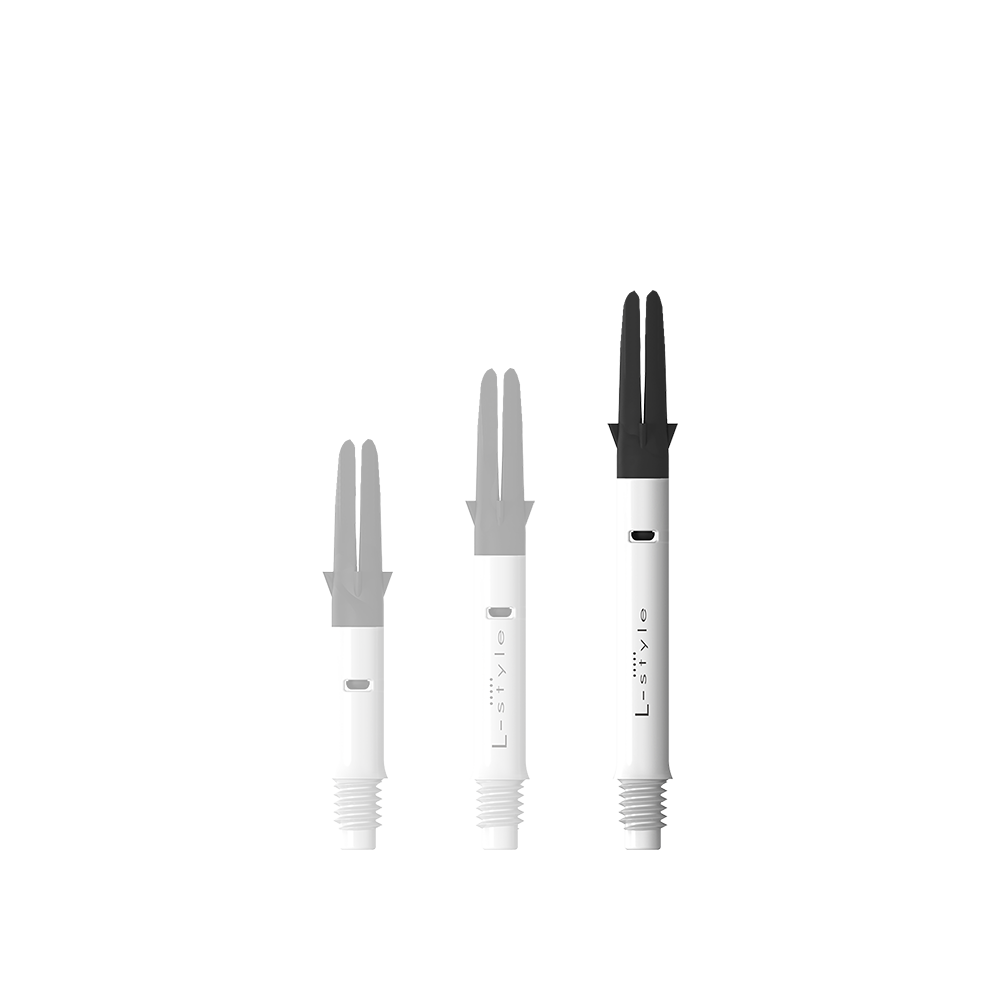 L-Style L-Shaft Carbon Silent Straight - Weiß 330 Auf dem Bild sind drei verschieden lange, weiße Dartshafts mit schwarzem oberen Teil zu sehen. Sie stehen nebeneinander aufrecht auf einem weißen Hintergrund.