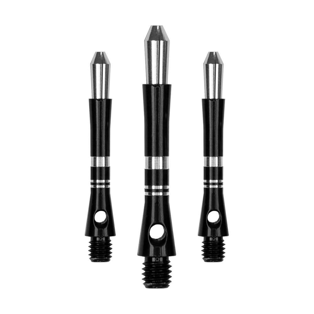 560_Target_Colette_Shafts_Schwarz_35mm_1 Das Bild zeigt drei schwarze Harrows Colette Shafts für Darts. Die Shafts sind aus Metall und haben silberne Akzente.