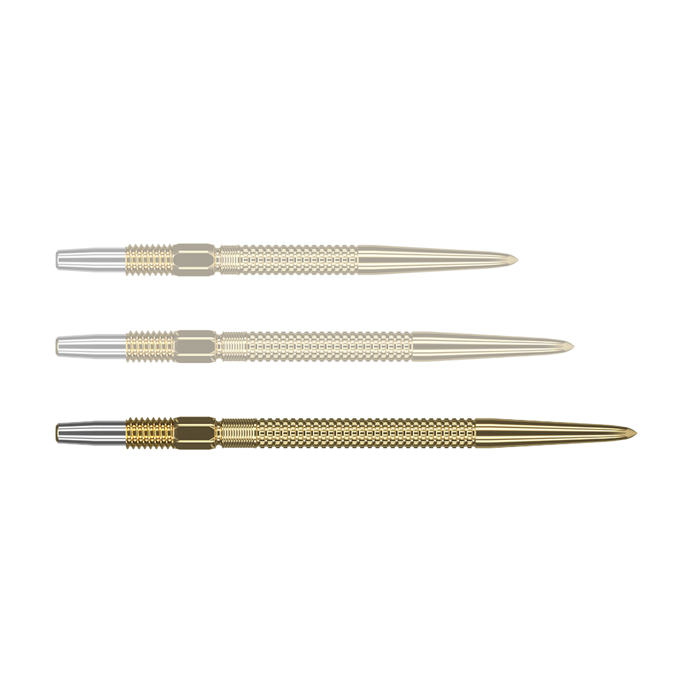 Das Bild zeigt drei goldene Dartspitzen des Produkts "Target Swiss Point GRD Gold Dartspitzen". Sie sind nebeneinander angeordnet und haben ein präzises, fein geriffeltes Design.