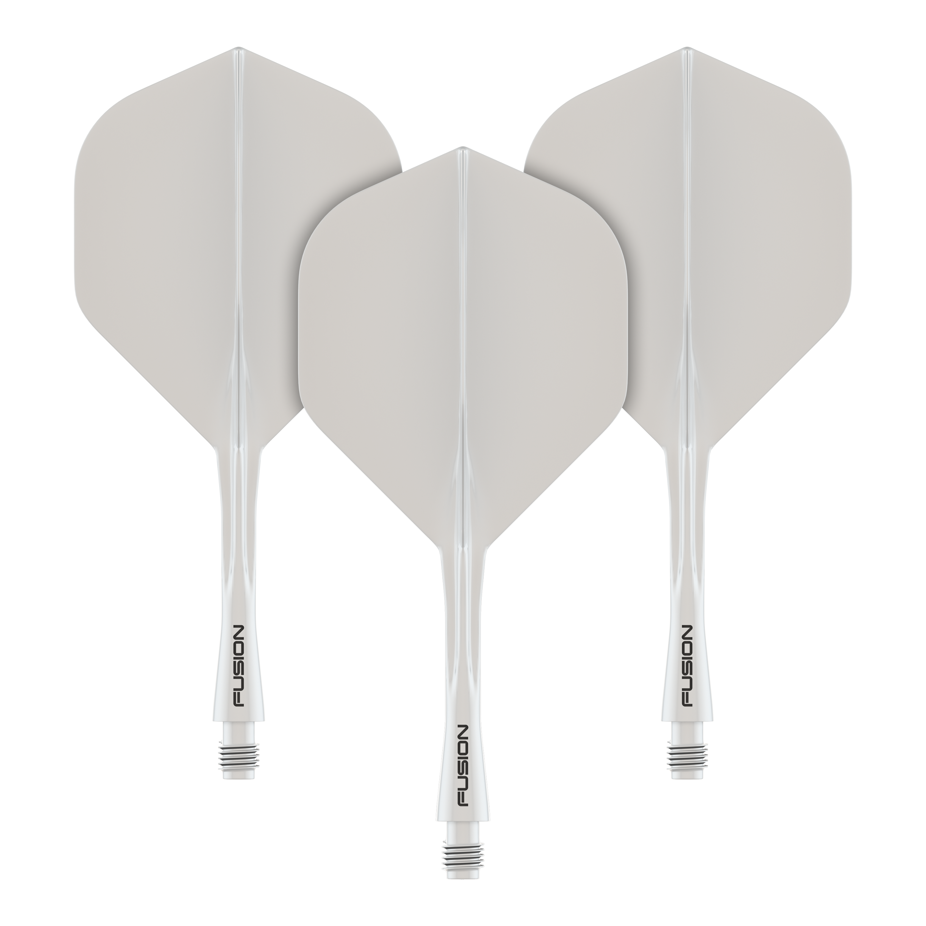 Das Bild zeigt drei weiße Dart-Flights mit integrierten Schäften. Auf den Schäften steht das Wort "FUSION".