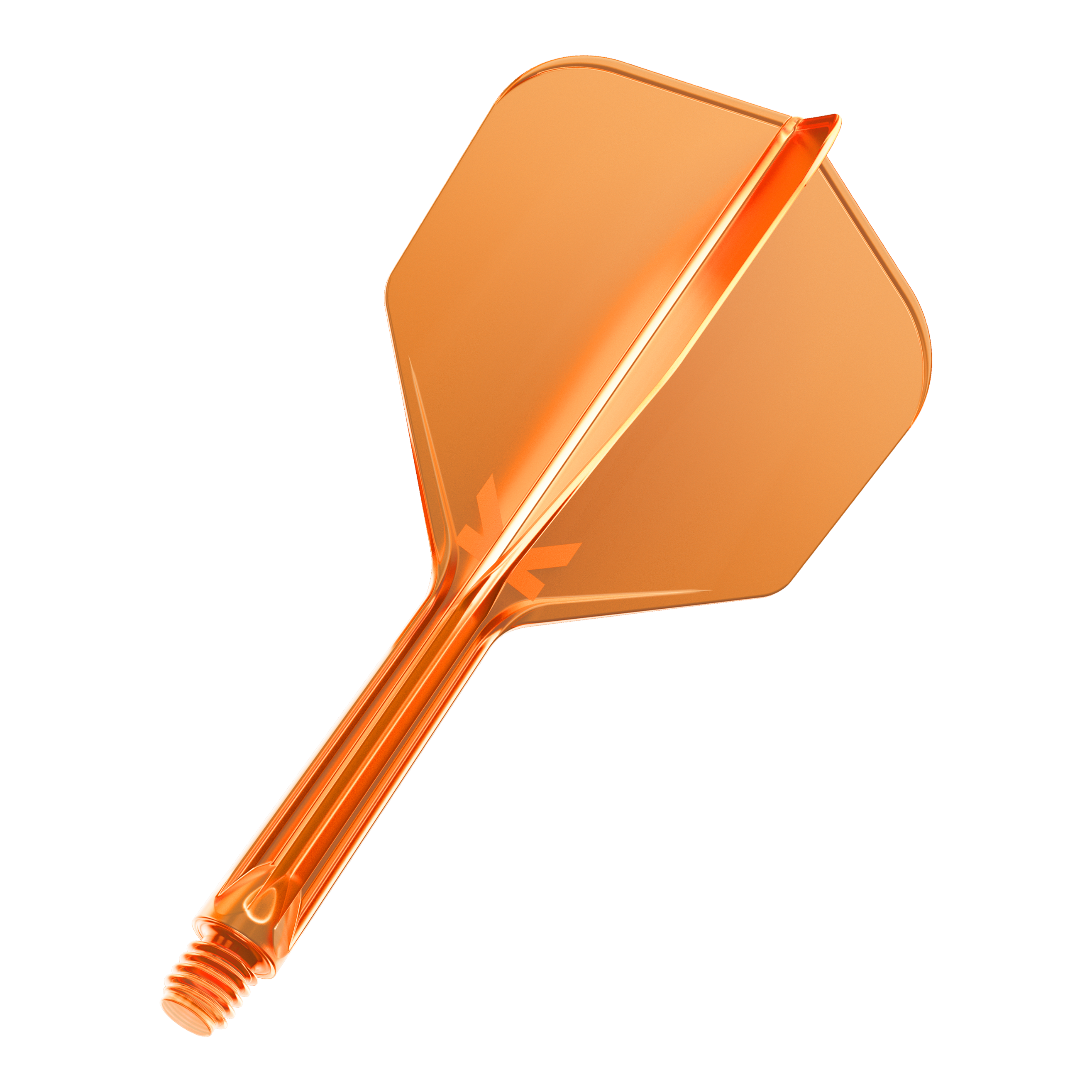 Das Bild zeigt eine neonorange Dartflügel-Kombination mit integriertem Schaft. Der Schaft hat ein Schraubgewinde am Ende zur Befestigung am Dartpfeil.