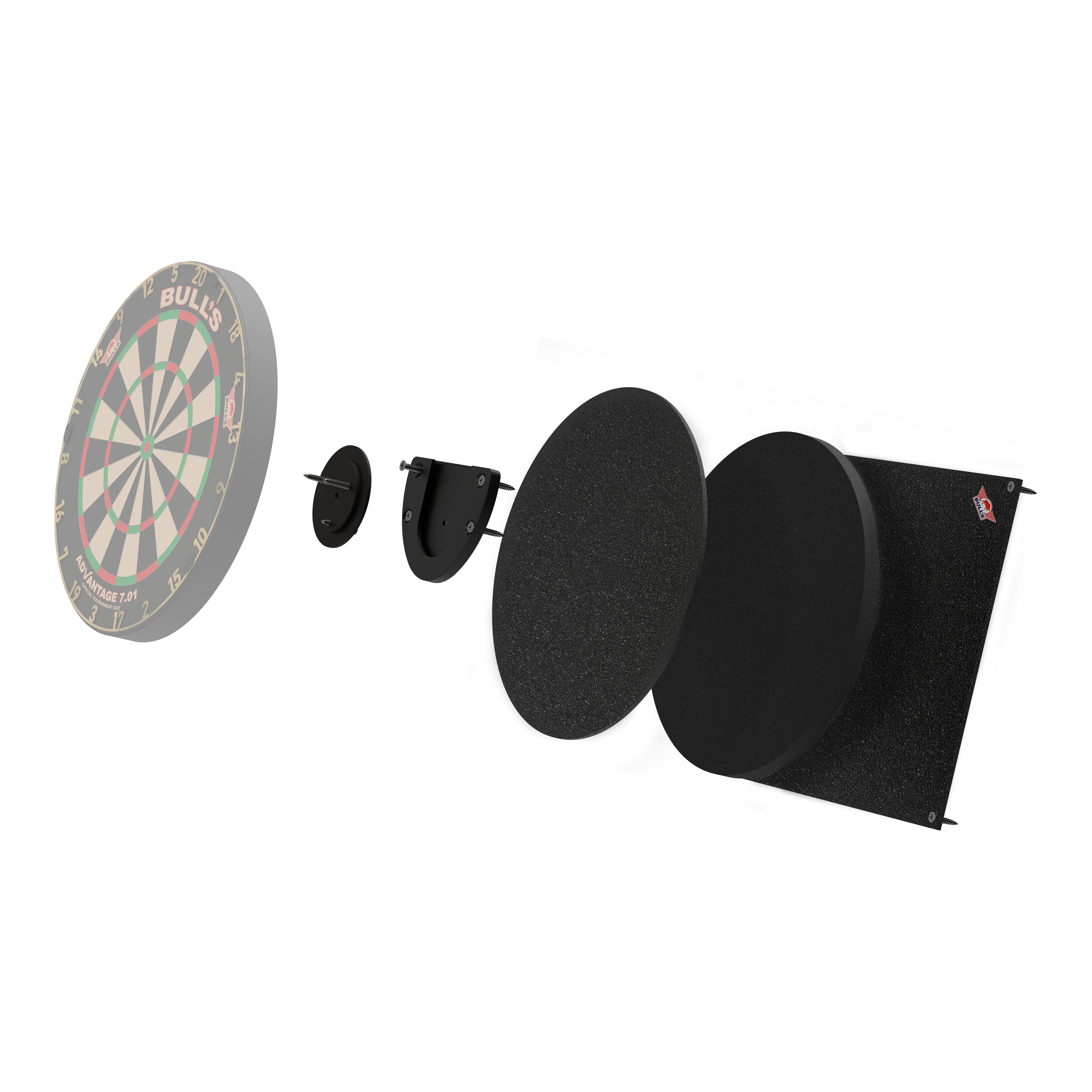 Bulls NL Dartboard Silencer Das Bild zeigt das Produkt "Bulls NL Dartboard Silencer" in einer Explosionszeichnung. Die verschiedenen Teile sind einzeln dargestellt, darunter das Dartboard und mehrere schallabsorbierende Schichten.
