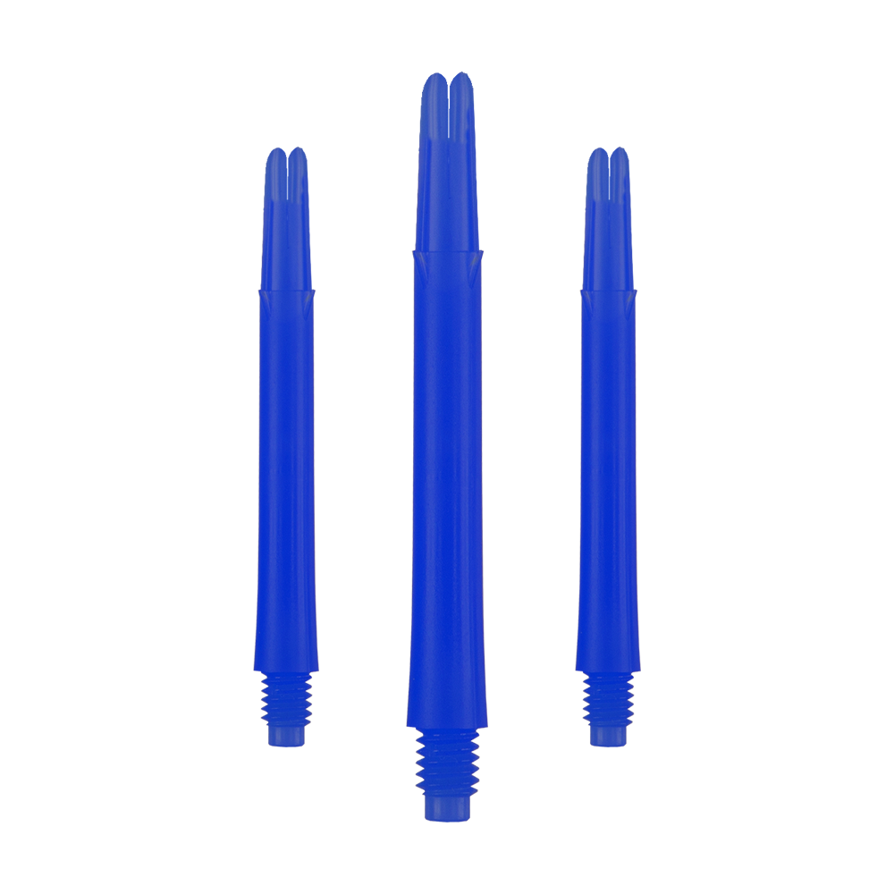 L-Style L-Shafts Locked Straight - Blue 330 Auf dem Bild sind drei blaue, gerade Dartschäfte zu sehen. Sie stehen nebeneinander und haben unten ein Schraubgewinde.