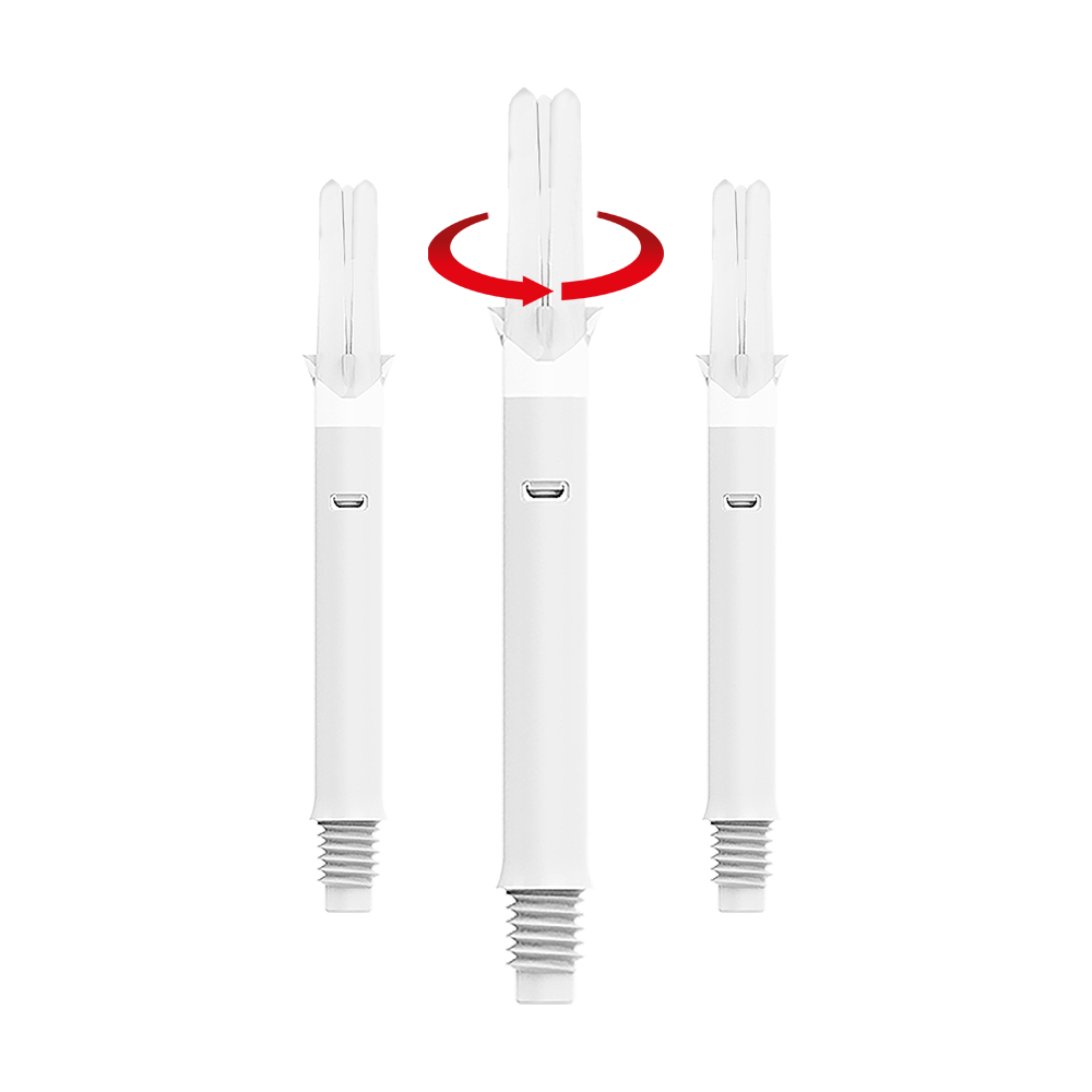 Das Bild zeigt drei weiße Dartshafts mit einem geraden Design. Über dem mittleren Shaft ist ein roter Pfeil zu sehen, der eine Drehbewegung anzeigt.