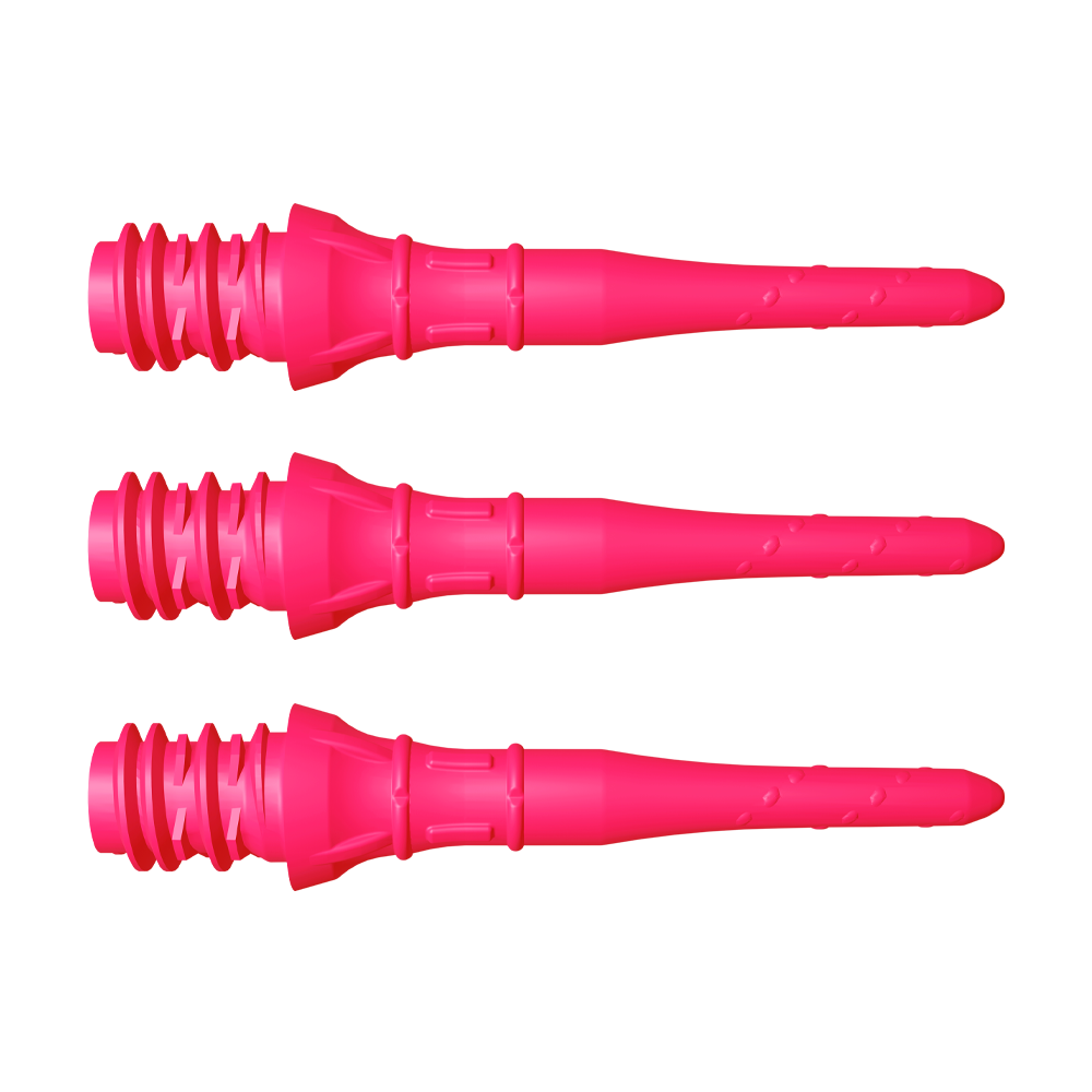 L-Style Premium Lippoints Short (30er Pack) Das Bild zeigt drei kurze, neonpinke Dartspitzen, die nebeneinander liegen. Sie haben ein strukturiertes Gewinde am hinteren Ende und eine glatte, spitz zulaufende Vorderseite.