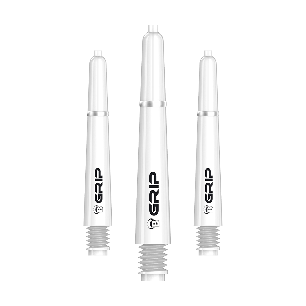 BS55079_Bulls_B-Grip-2_SL_Shafts_Weiss_35mm_1 Das Bild zeigt drei weiße Dartschäfte der Marke Bulls mit der Aufschrift "B GRIP". Die Schäfte sind in unterschiedlichen Längen dargestellt und stehen aufrecht nebeneinander.