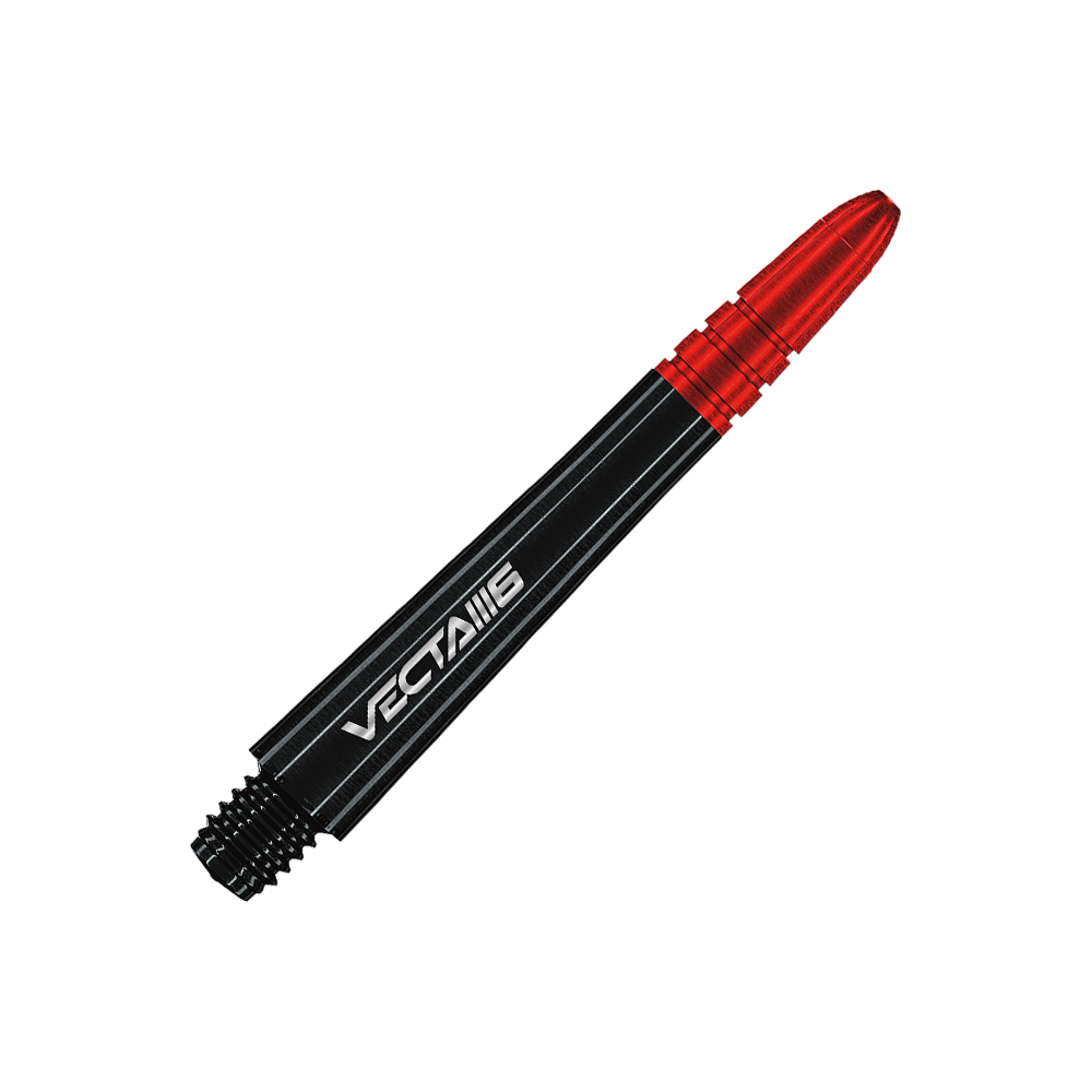 7025_207_Winmau_Vecta_Blade6_Shafts_46mm_2 Auf dem Bild ist ein Winmau Vecta Shaft - Blade 6 zu sehen. Der Schaft ist schwarz mit roten Akzenten und dem Schriftzug "Vecta IIII6".