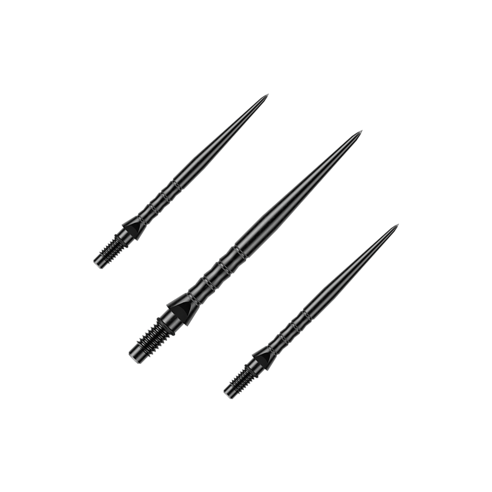 Abgebildet ist ein Set von schwarzen Steeldartspitzen mit Wave-Struktur. Enthalten ist vermutlich eine 30 mm lange Variante.