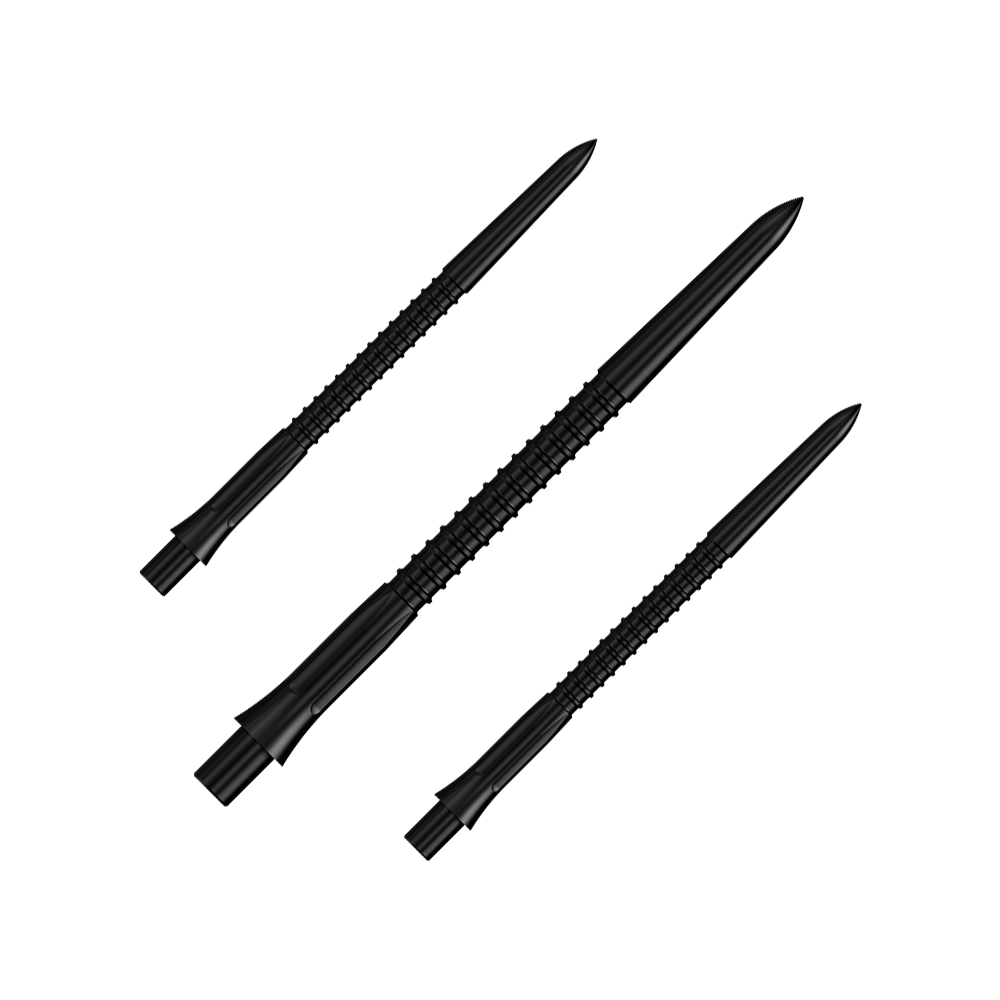 Mission Caliburn EVO Dartspitzen GV1 - Schwarz Zu sehen ist ein Set aus schwarzen Steeldartspitzen. Die Spitzen sind Teil der Mission Caliburn EVO GV1 Reihe in 38mm.