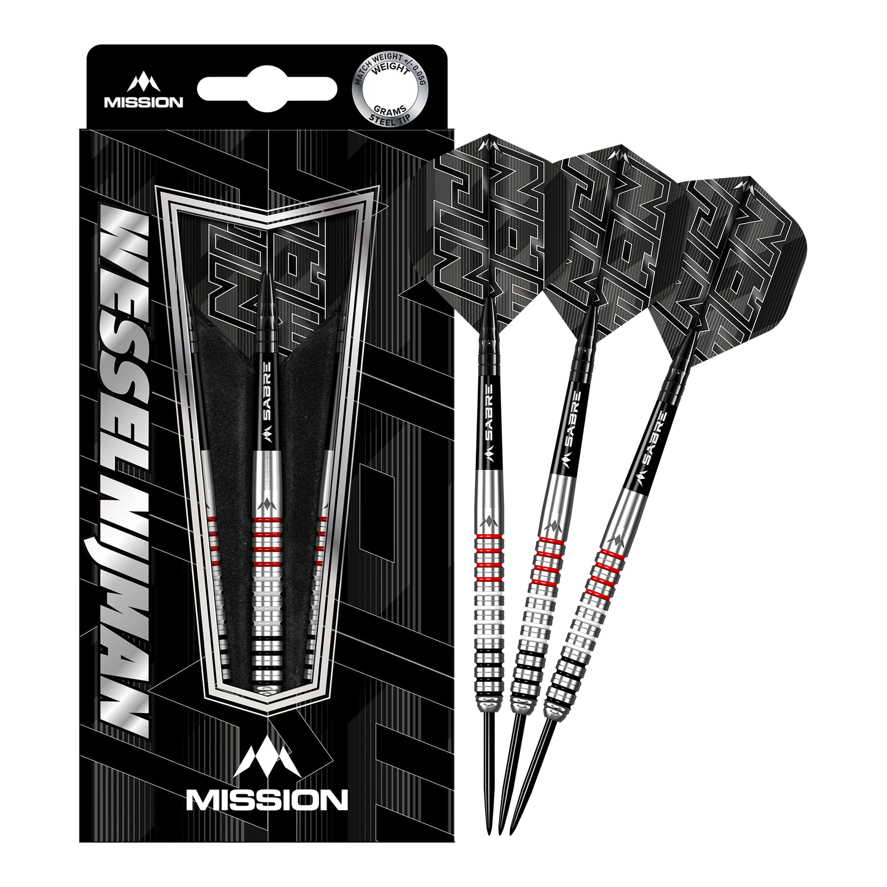 Mission Wessel Nijman Steeldarts - 23g Das Bild zeigt das Produkt "Mission Wessel Nijman Steeldarts - 23g" in seiner Verpackung. Rechts neben der Verpackung sind drei Steeldarts mit schwarzem Flight und silbernen Schäften abgebildet.