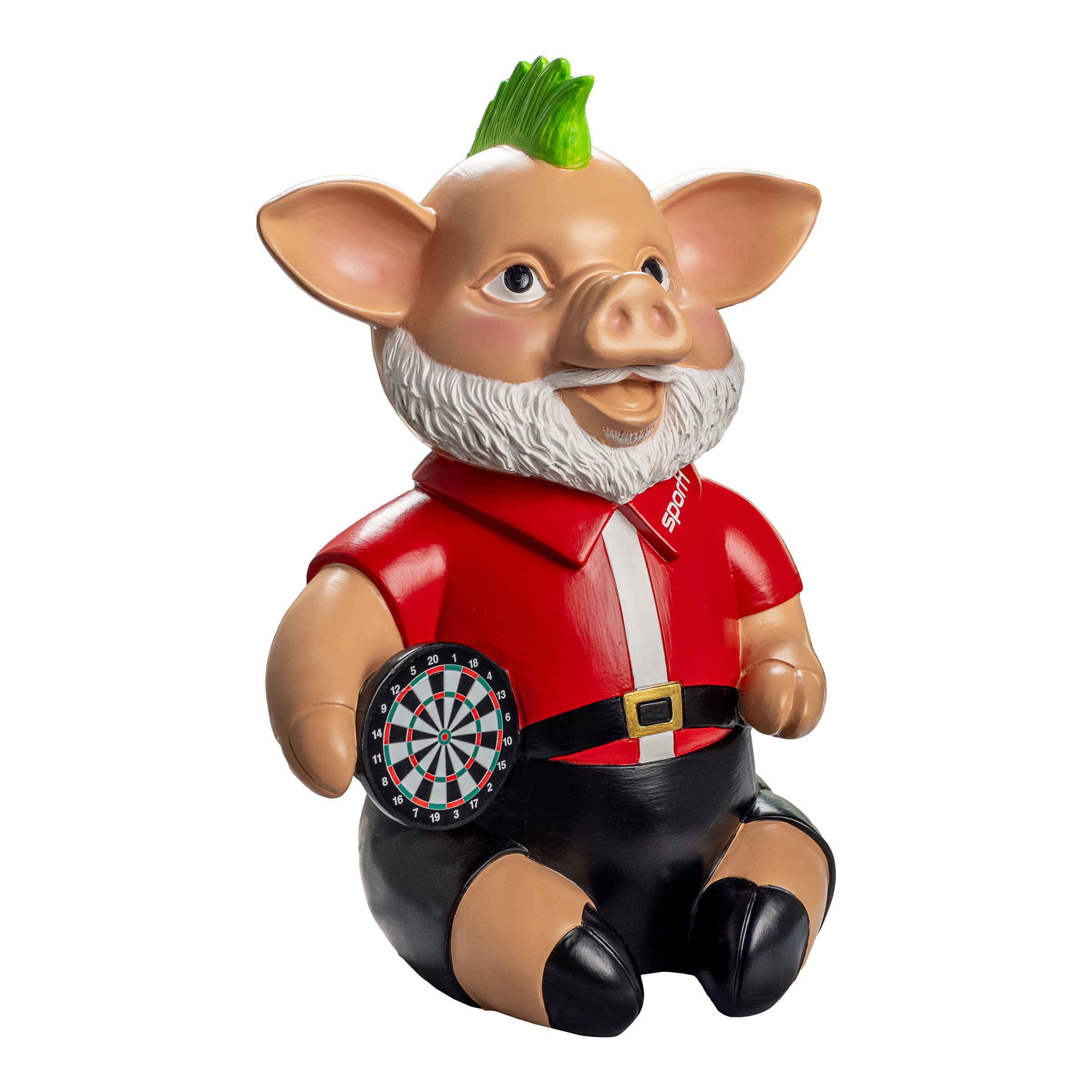 Sport1 Grinch Phrasenschwein Das Bild zeigt eine lustige Sparschweinfigur mit einem grünen Irokesenschnitt und Bart. Sie trägt ein rotes Hemd, hält eine Dartscheibe und hat den Schriftzug "Sport1".