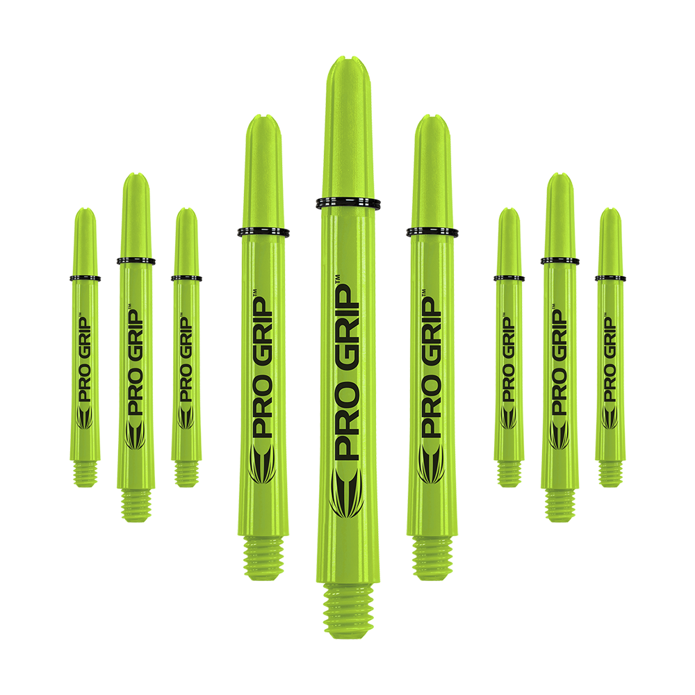 Auf dem Bild sind mehrere limegrüne Dartschäfte mit der Aufschrift "PRO GRIP" zu sehen. Sie sind in drei Sets zu je drei Stück angeordnet.