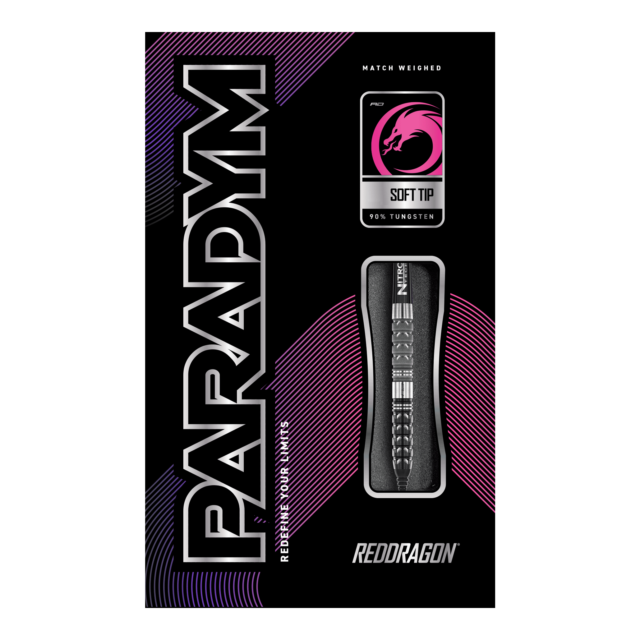 Red Dragon Paradym Tapered Softdarts - 20g Das Bild zeigt die Verpackung der "Red Dragon Paradym Tapered Softdarts - 20g". Die Verpackung ist schwarz mit auffälligen pinken und silbernen Akzenten und zeigt den Dartpfeil und das Red Dragon Logo.