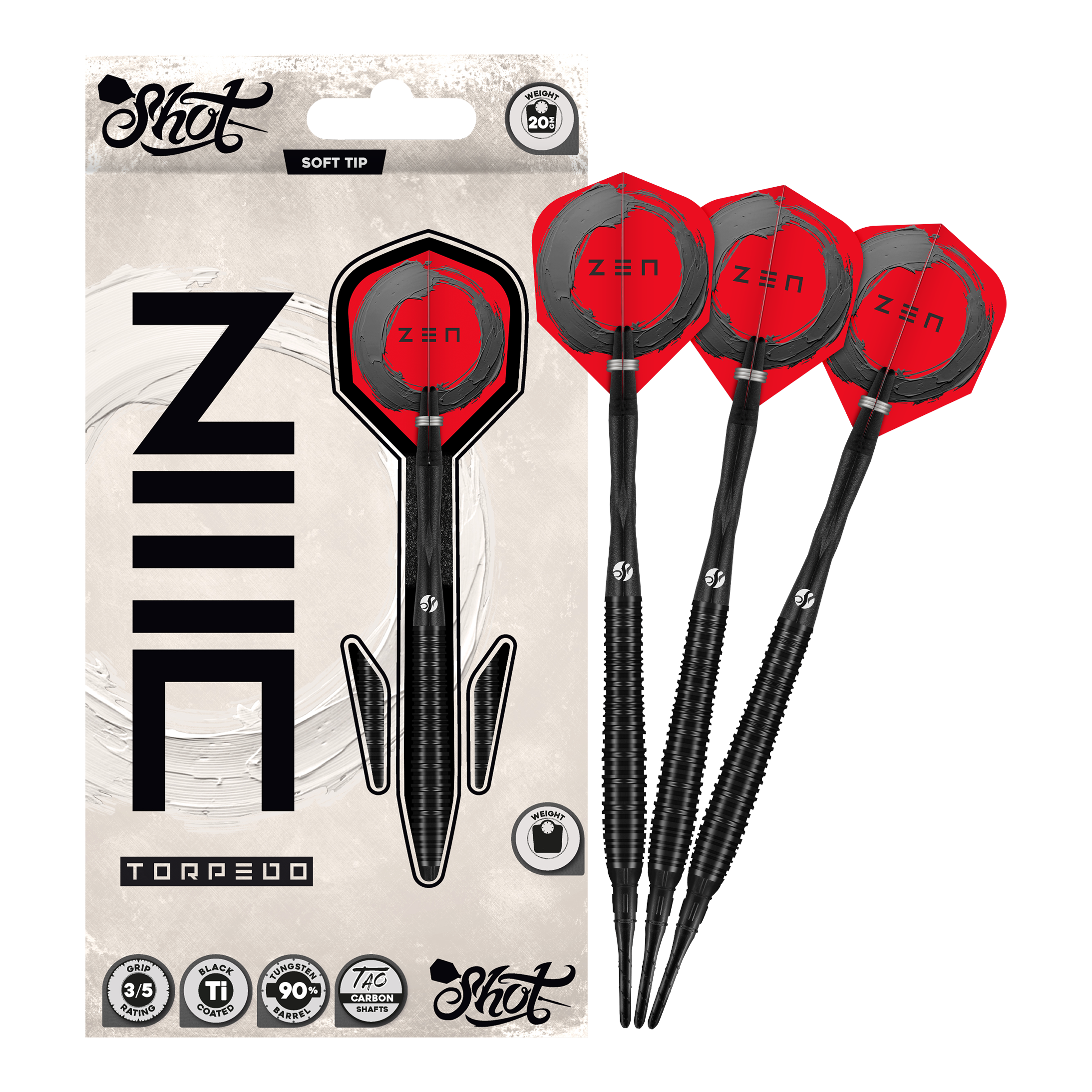 Shot ZEN Torpedo Softdarts - 20g Abgebildet sind die Shot ZEN Torpedo Softdarts - 20g in voller Länge. Der Dart ist für Präzision Wurftechnik bekannt.