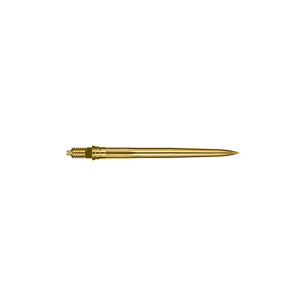 Zu sehen sind zwei goldene Dartspitzen mit einer Länge von 32mm. Die Dartspitzen stammen vermutlich aus der Serie Caliburn EZ-EVO Smooth.