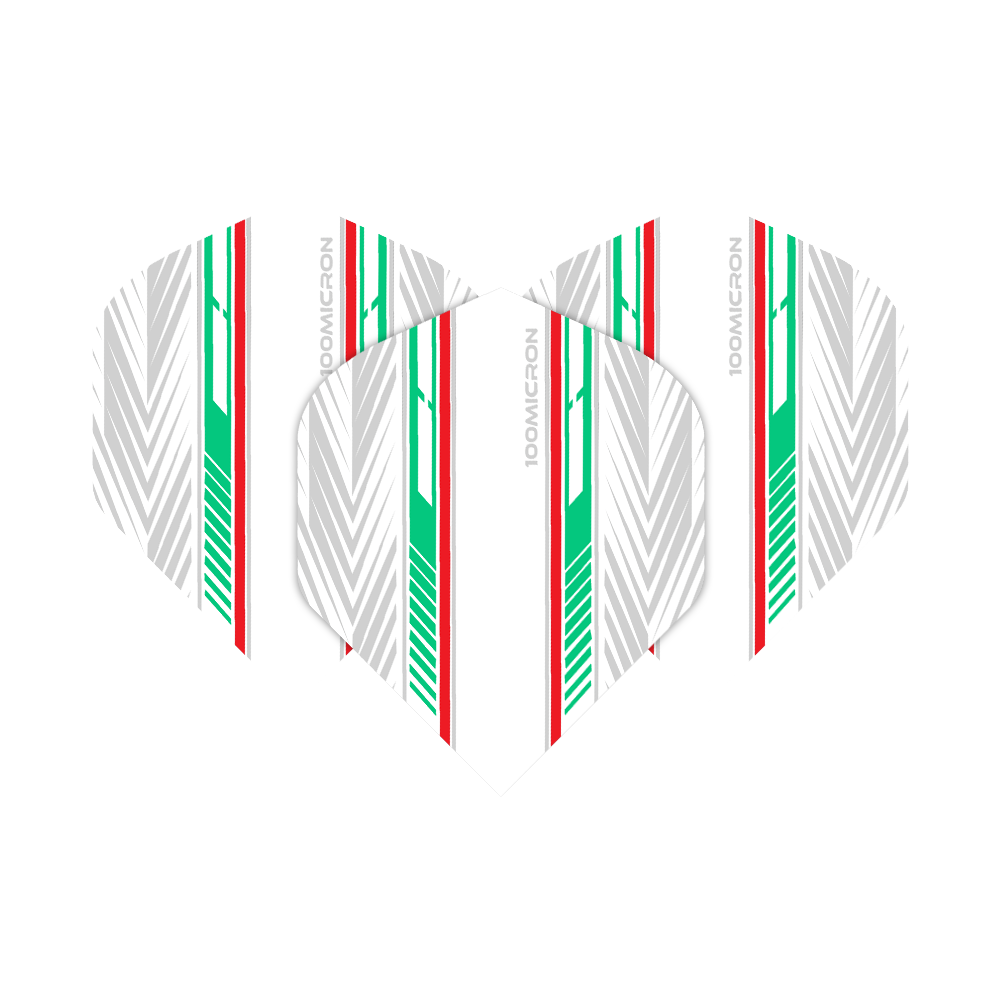 Pentathlon Flights weiß/grün/rot Das Bild zeigt die "Pentathlon White Green Red No2 Standard Flights" für Dartpfeile. Die Flights sind weiß mit auffälligen grünen, roten und silbernen Streifen gestaltet.