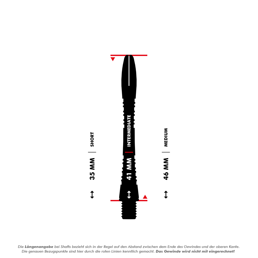 7013_Winmau_Triad_Aluminium_Shafts_5_41mm8Mw37BasIFC4o Das Bild zeigt drei verschiedene Längen von Dartschäften: 35 mm (Short), 41 mm (Intermediate) und 46 mm (Medium). Die Längenangabe bezieht sich auf den Abstand zwischen dem Ende des Gewindes und der oberen Kante, das Gewinde wird nicht mit eingerechnet.