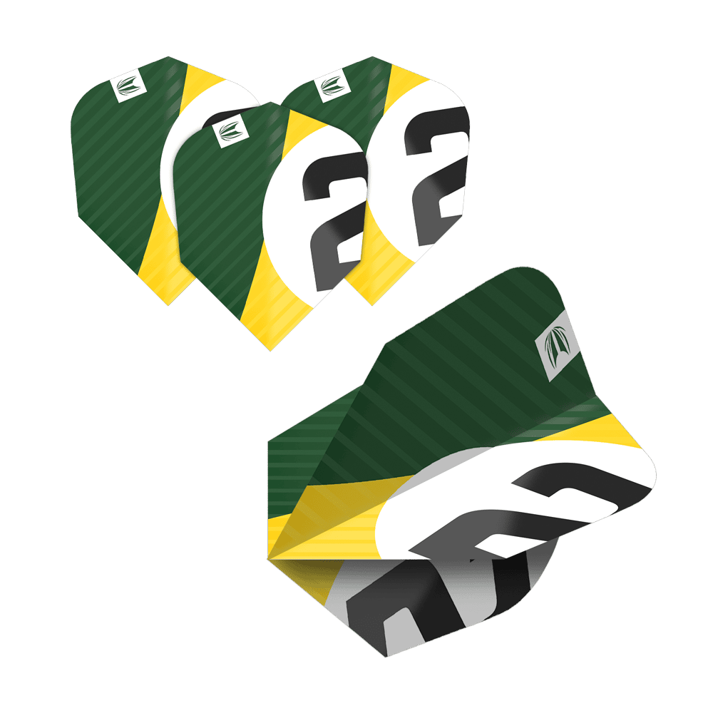 337206_Target_ProUltra_5Sets_Multipack_Chicane_Ten-X_Flights_2nhLbmcTgQDpJA Das Bild zeigt fünf Sätze Target Pro Ultra Chicane Ten-X Flights für Darts. Die Flights sind grün, gelb und weiß mit einer schwarzen Zahl und haben ein modernes Design.