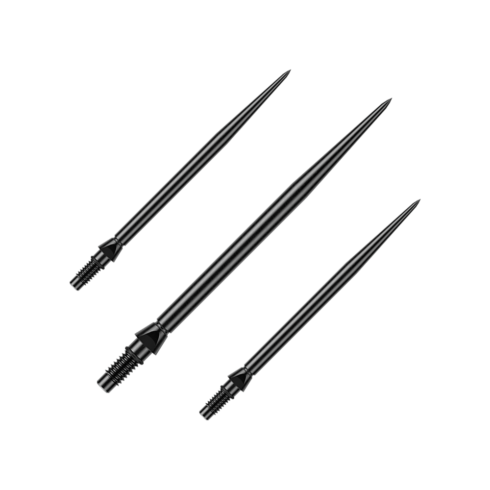 Abgebildet ist ein Set schwarzer Steeldartspitzen, wahrscheinlich 'Switch Point Smooth Black' mit 40mm Länge. Die Spitzen werden als Set für Steeldarts angeboten.