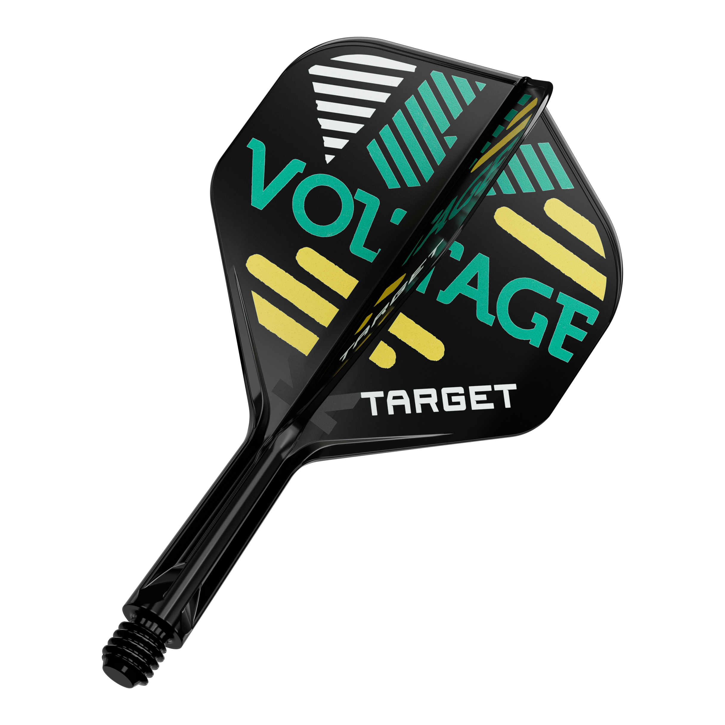 Das Bild zeigt ein Dartflight- und Shafts-Set in Schwarz mit bunten grafischen Elementen und der Aufschrift „VOLTAGE“ sowie „TARGET“. Das Design besteht aus gelben, grünen und weißen Streifen auf den Flügeln des Flights.