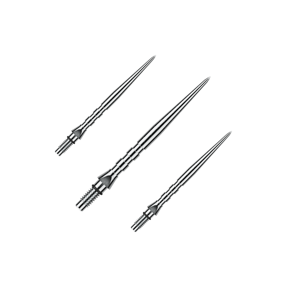 Winmau Switch Point Groove Steeldartspitzen - Silver Effect Das Foto stellt ein Set von Winmau Switch Point Groove Steeldartspitzen mit 30mm Länge dar. Mehrere silberne Spitzen liegen nebeneinander.