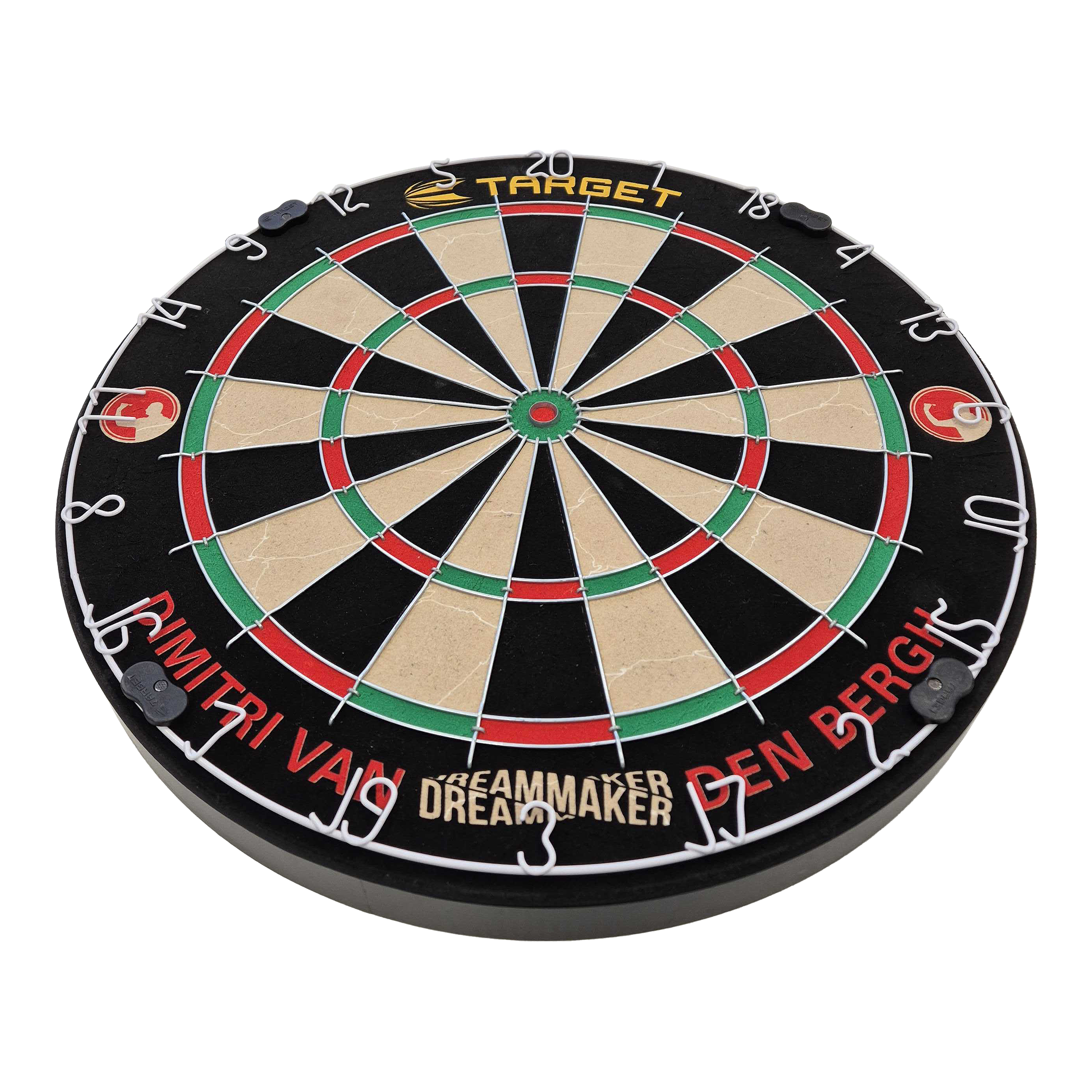 Target Dimitri Van Den Bergh Steeldartboard Set Das Bild zeigt eine Steeldart-Scheibe mit farbigen Feldern und Metallabtrennungen. Am Rand steht der Name "Dimitri Van Den Bergh" sowie der Schriftzug "Dreammaker".