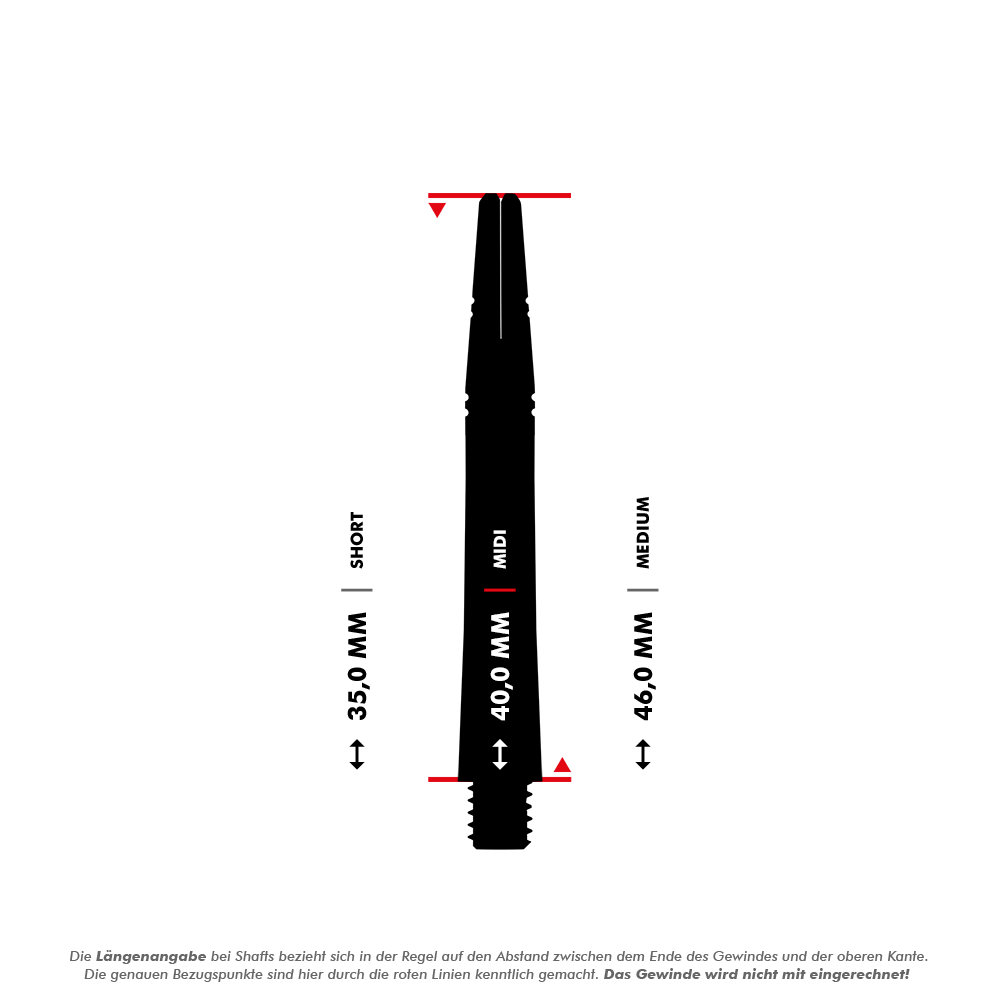 Harrows Alamo VS2 Shafts - Gelb Das Bild zeigt drei verschiedene Längen eines Dart-Schafts: Short (35,0 mm), Midi (40,0 mm) und Medium (46,0 mm). Die Maße beziehen sich auf den Abstand zwischen dem Ende des Gewindes und der oberen Kante.
