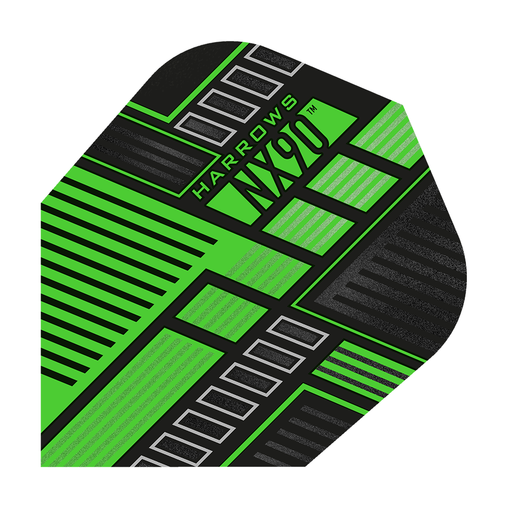 HR49_Harrows_Prime_NX90_Green_No6_Flights_1ro0TifX8aStsG Harrows Prime NX90 Flights gruppiert abgebildet. Die Details der Flights sind betont dargestellt.