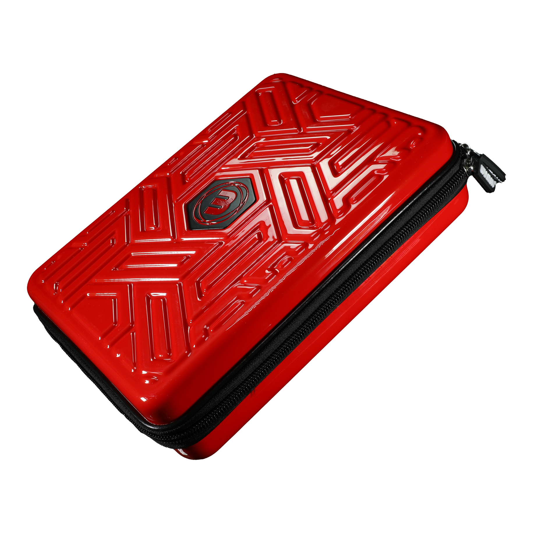 Das Bild zeigt ein rot glänzendes Dart-Etui mit einem geometrischen Muster auf dem Deckel. Es hat einen schwarzen Reißverschluss rundherum.