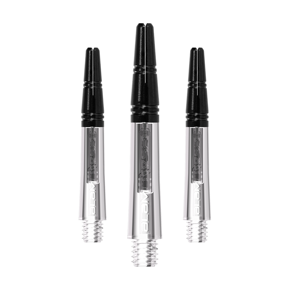 Harrows Alamo VS2 Shafts - Clear Das Bild zeigt drei klare Dartschäfte mit schwarzem oberen Teil. Die Schäfte sind nebeneinander angeordnet und haben ein Schraubgewinde am unteren Ende.