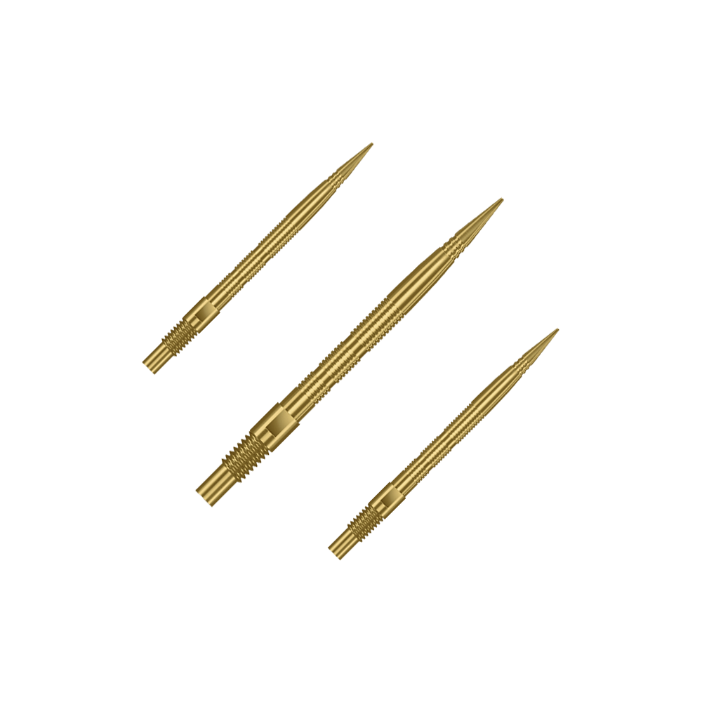 Harrows Quick Point Micro Ridge Dartspitzen - Gold Das Bild zeigt mehrere goldene Dartspitzen. Die Spitzen sind wahrscheinlich vom Typ Harrows Quick Point MicroRidge, 26mm lang.