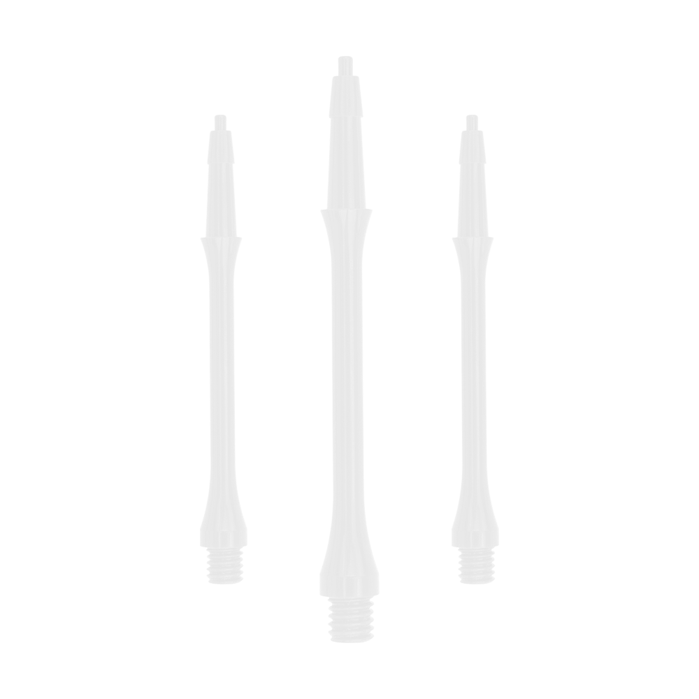 HRC-12589-W_Harrows_Clic_Slim_Shafts_White_37mm_1 Das Bild zeigt drei weiße Harrows Clic Slim Shafts. Sie sind gerade und haben ein schlankes Design für Dartpfeile.