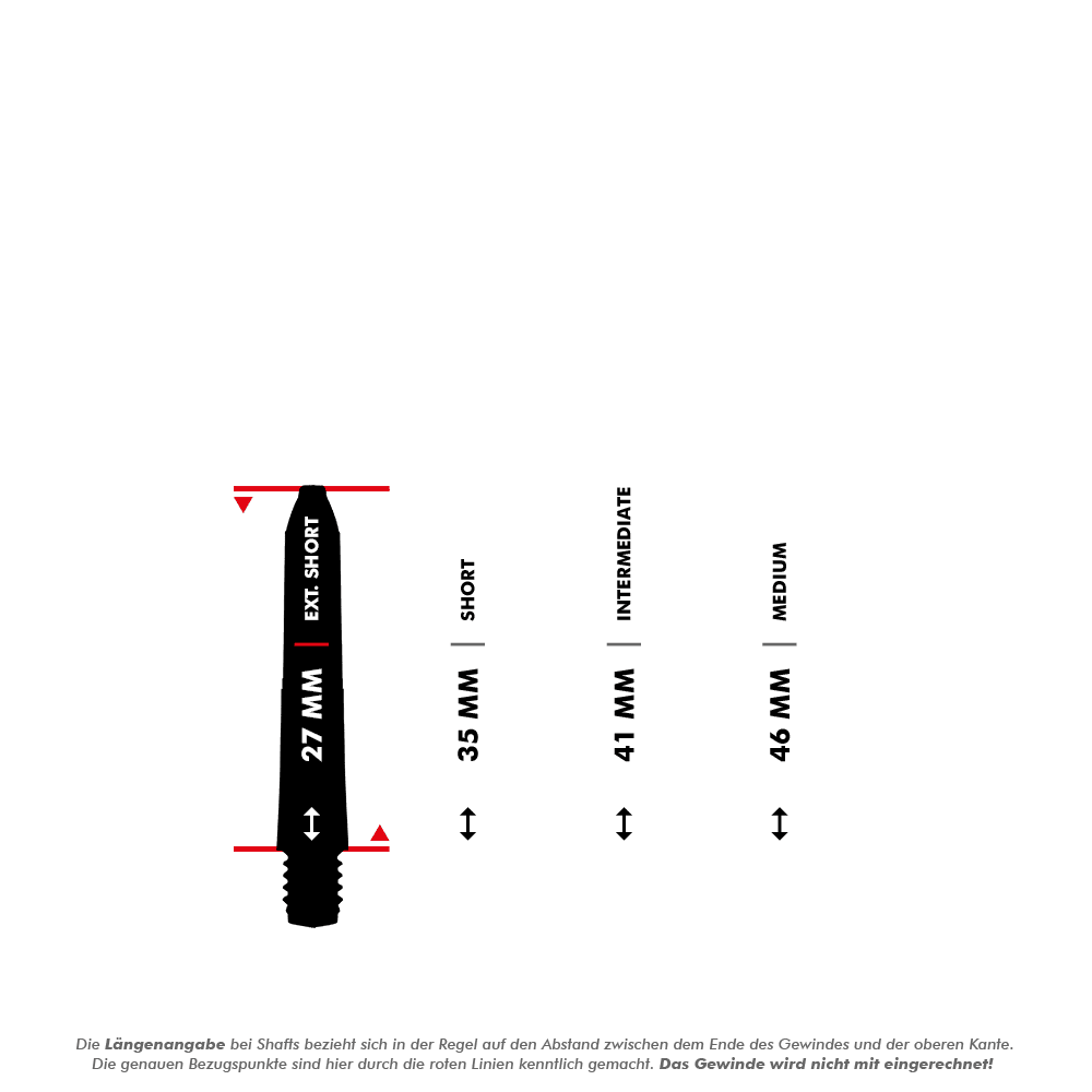 Das Bild zeigt die verschiedenen Längen der Winmau Pro-Force Shafts in Weiß. Die Maße der Shafts reichen von 27 mm (extra kurz) bis 46 mm (medium).