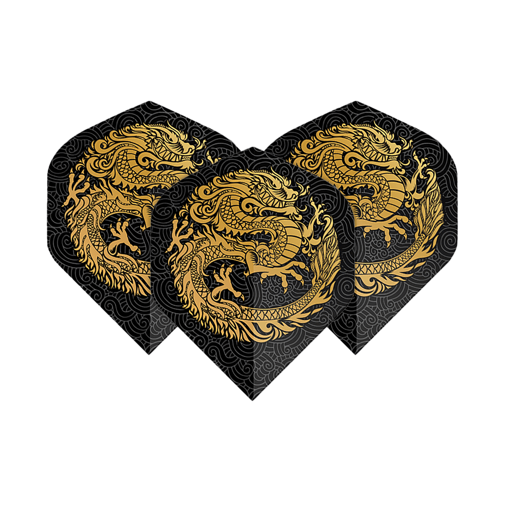 Pentathlon Flights Dragon schwarz Das Bild zeigt drei Dart-Flights mit einem auffälligen goldenen Drachen-Design auf schwarzem Hintergrund. Die Flights sind vom Typ "Pentathlon Dragon 2 Standard".