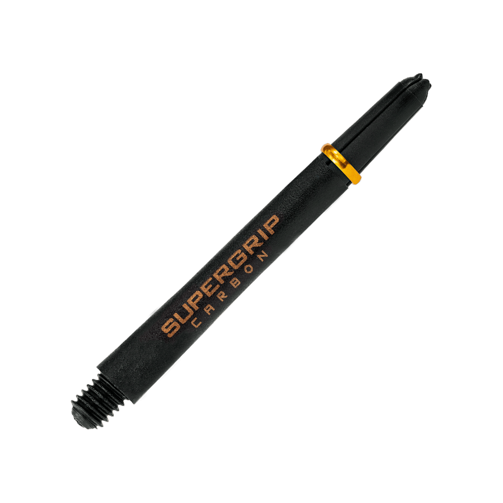 Das Bild zeigt einen Harrows Supergrip Carbon Shaft in Schwarz mit goldener Aufschrift und Ring. Der Schaft wird für Dartpfeile verwendet.