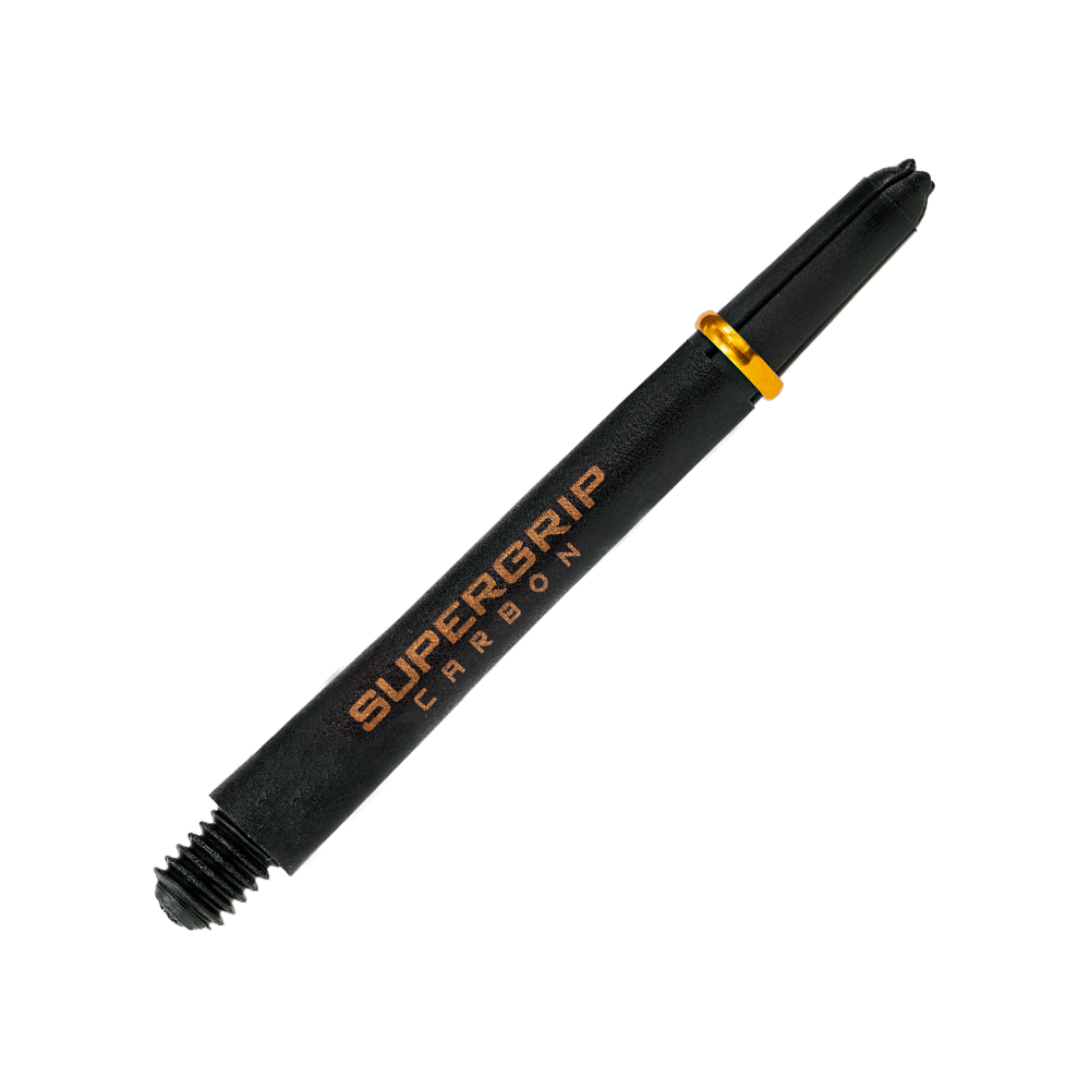 HR353_Harrows_Supergrip_Carbon_Shafts_Gold_47mm_2 Das Bild zeigt einen Harrows Supergrip Carbon Shaft in Schwarz mit goldener Aufschrift und Ring. Der Schaft wird für Dartpfeile verwendet.