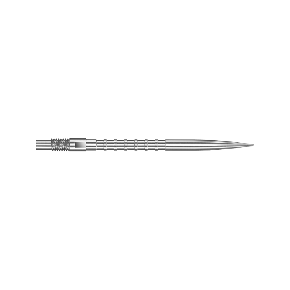 Harrows Quick Point Heavy Metal Dartspitzen - Silber Eine einzelne Harrows Quick Point Heavy Metal Grip Dartspitze in Silber mit 35mm Länge wird gezeigt. Sie befindet sich vor einem neutralen Hintergrund.