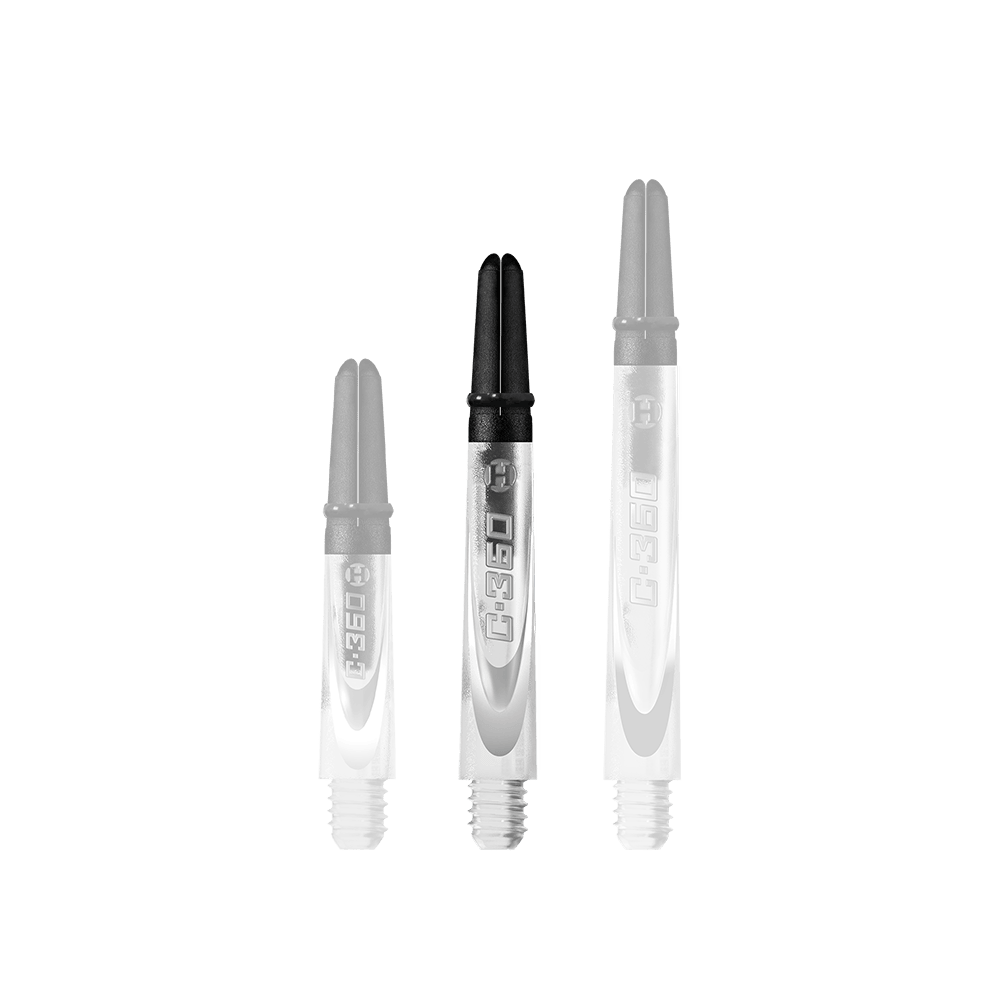 HR447_Harrows_Carbon_360_Shafts_Clear_42mm_1 Das Bild zeigt drei transparente Dartschäfte mit schwarzem oberen Teil in unterschiedlichen Längen. Auf jedem Schaft steht die Aufschrift "C.360".