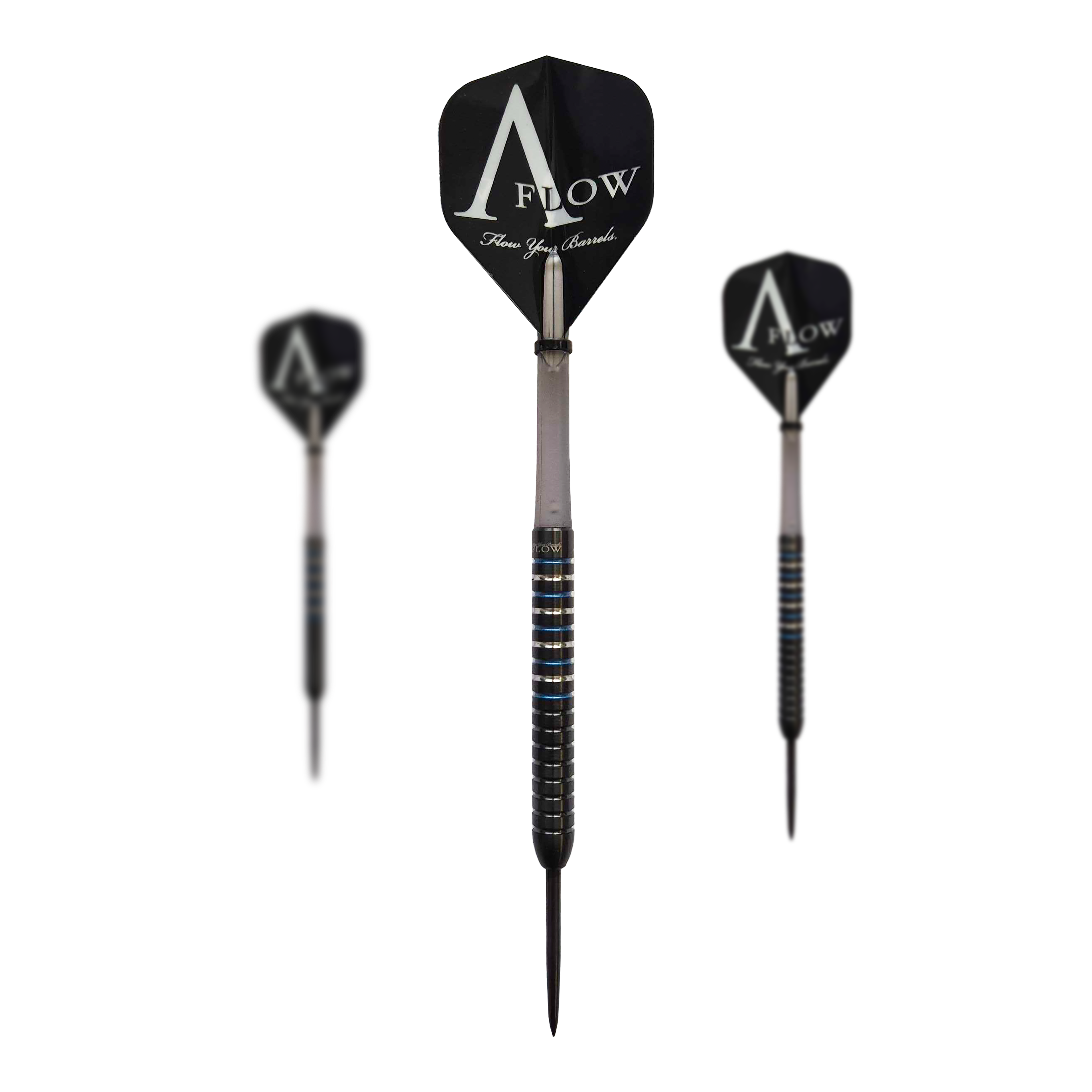 Dynasty Fallon Sherrock 4 S AFlow BK Steeldarts - Mit Autogramm - 23g Das Bild zeigt drei Steeldarts der Marke "Dynasty Fallon Sherrock 4 S AFlow BK" mit schwarzem Design und auffälligen Ringen am Barrel. Auf der schwarzen Flight steht groß "AFLOW" geschrieben.
