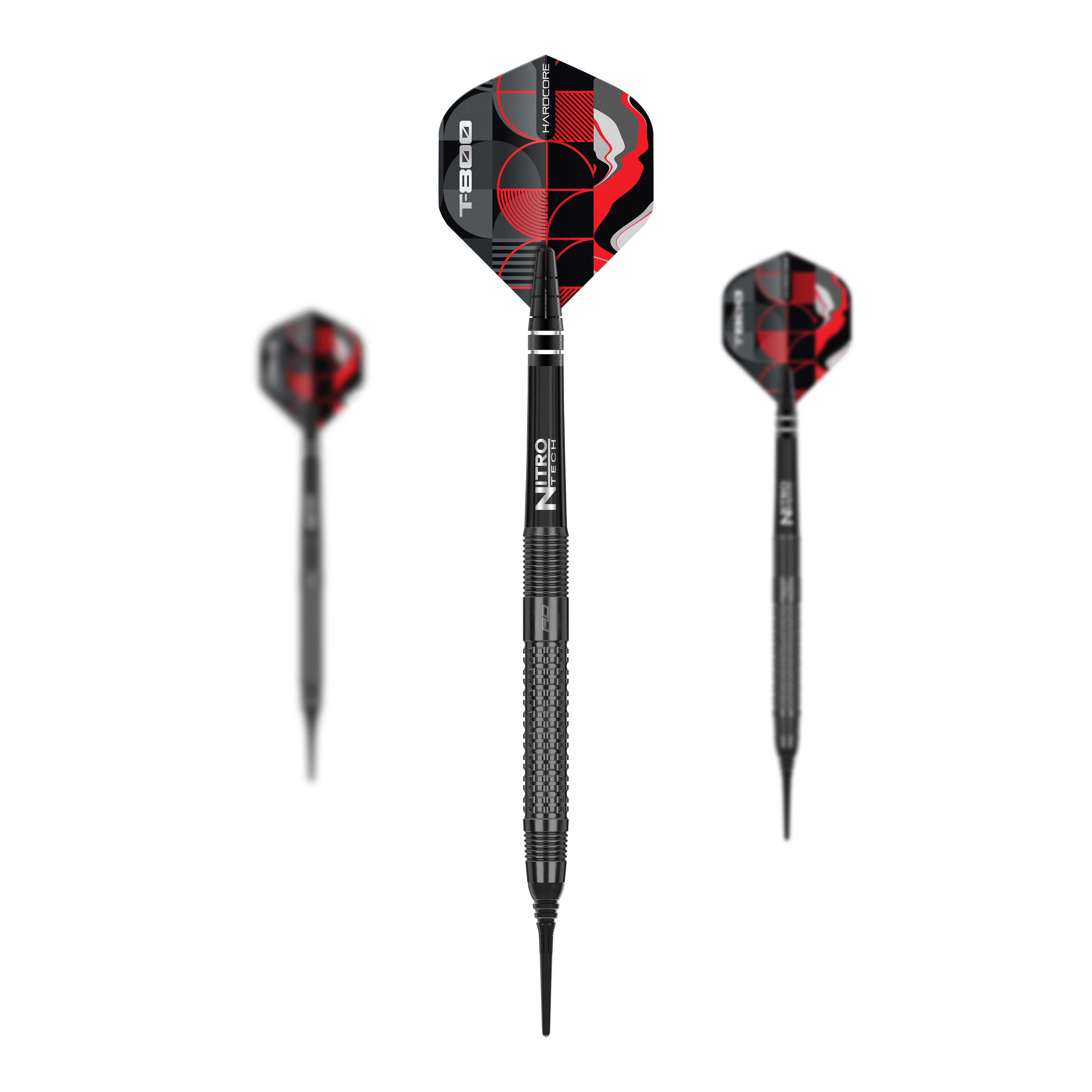 Red Dragon T-800 Softdarts - 20g Das Bild zeigt drei Softdarts des Modells „Red Dragon T-800“ mit einem Gewicht von 20g. Die Flights sind schwarz-rot gemustert und auf dem Schaft steht „Nitro“.