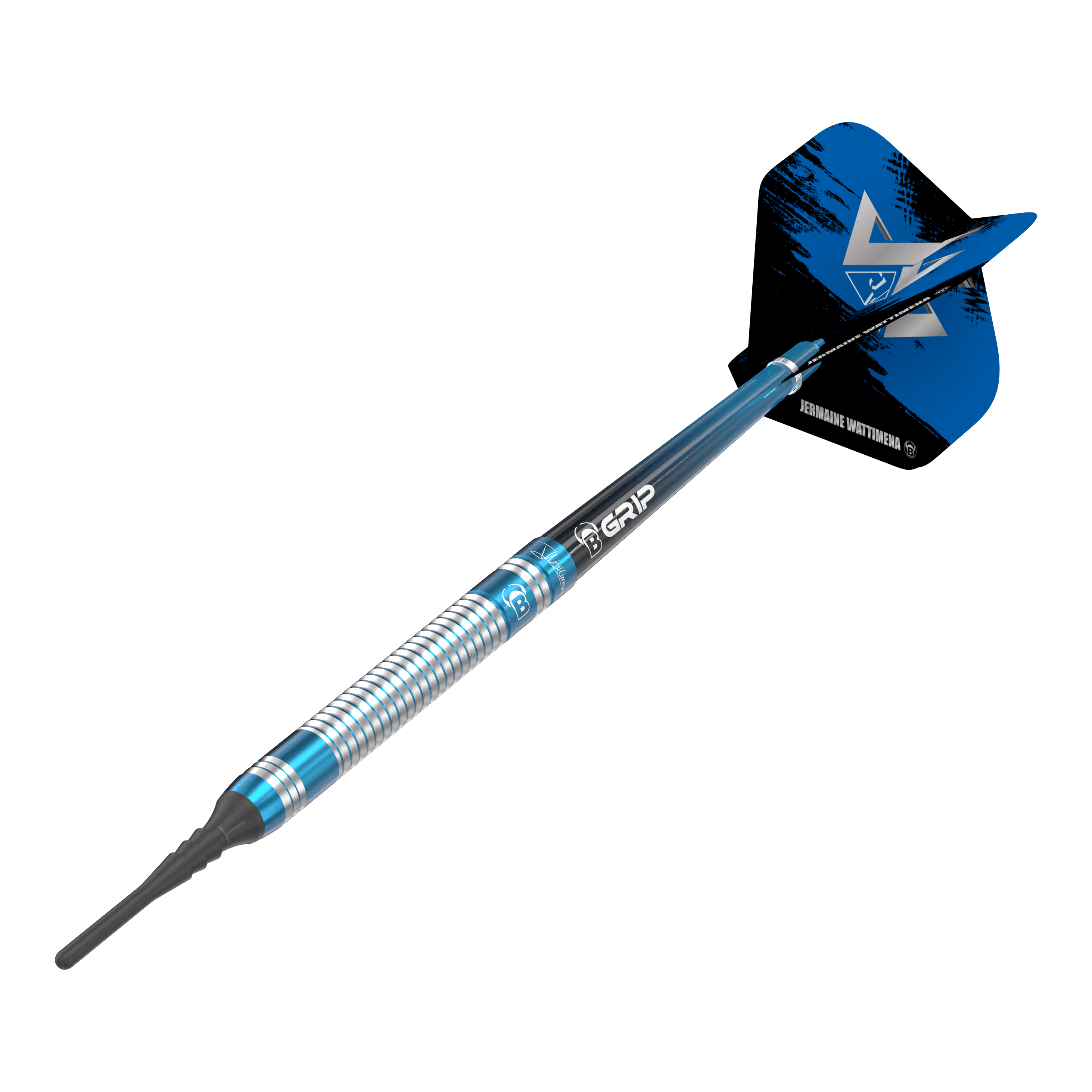 Bulls Jermaine Wattimena Generation 3 Softdarts - 20g Das Bild zeigt einen Bulls Jermaine Wattimena Generation 3 Softdart mit einem Gewicht von 20g. Der Dart hat ein silbernes und blaues Design mit schwarzem Flight.