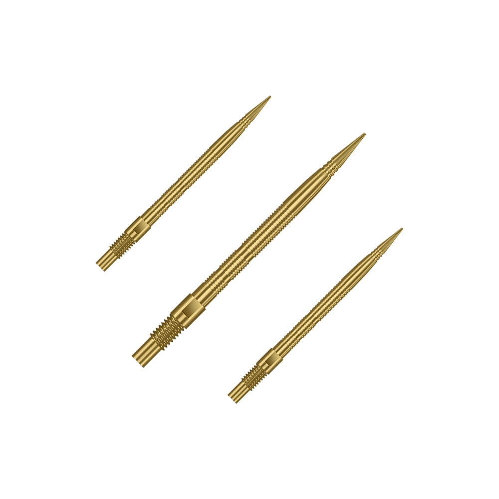 Harrows Quick Point Micro Ridge Dartspitzen - Gold Zu sehen ist ein Set goldener Dartspitzen auf dem Bild. Die Spitzen sind vermutlich Harrows Quick Point MicroRidge, 30mm lang.