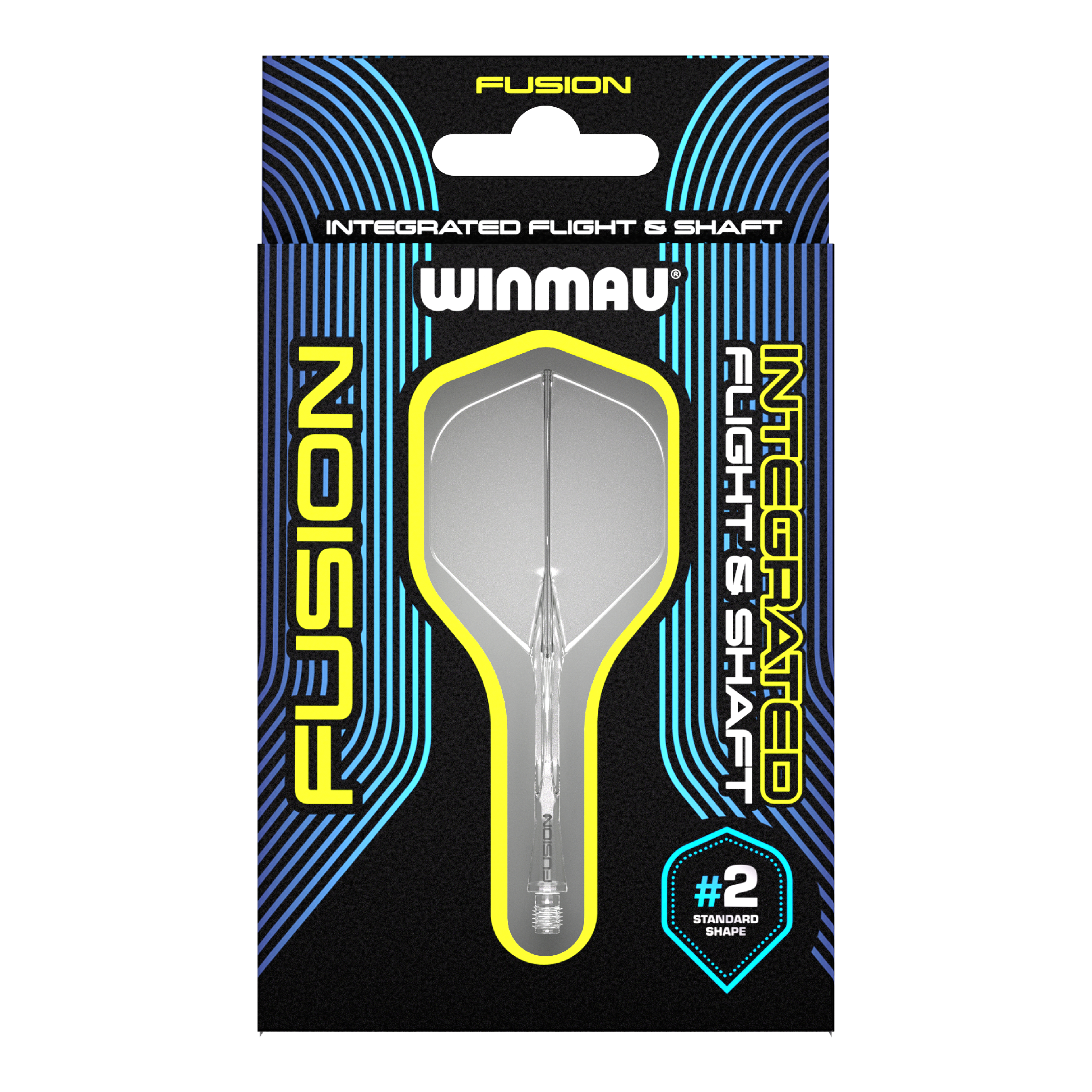 Winmau Fusion Flight-Shaft-System Standard Clear Auf dem Bild ist ein Winmau Fusion Flight & Shaft System in einer Verpackung zu sehen. Das Produkt ist durchsichtig und hat die Standardform #2.
