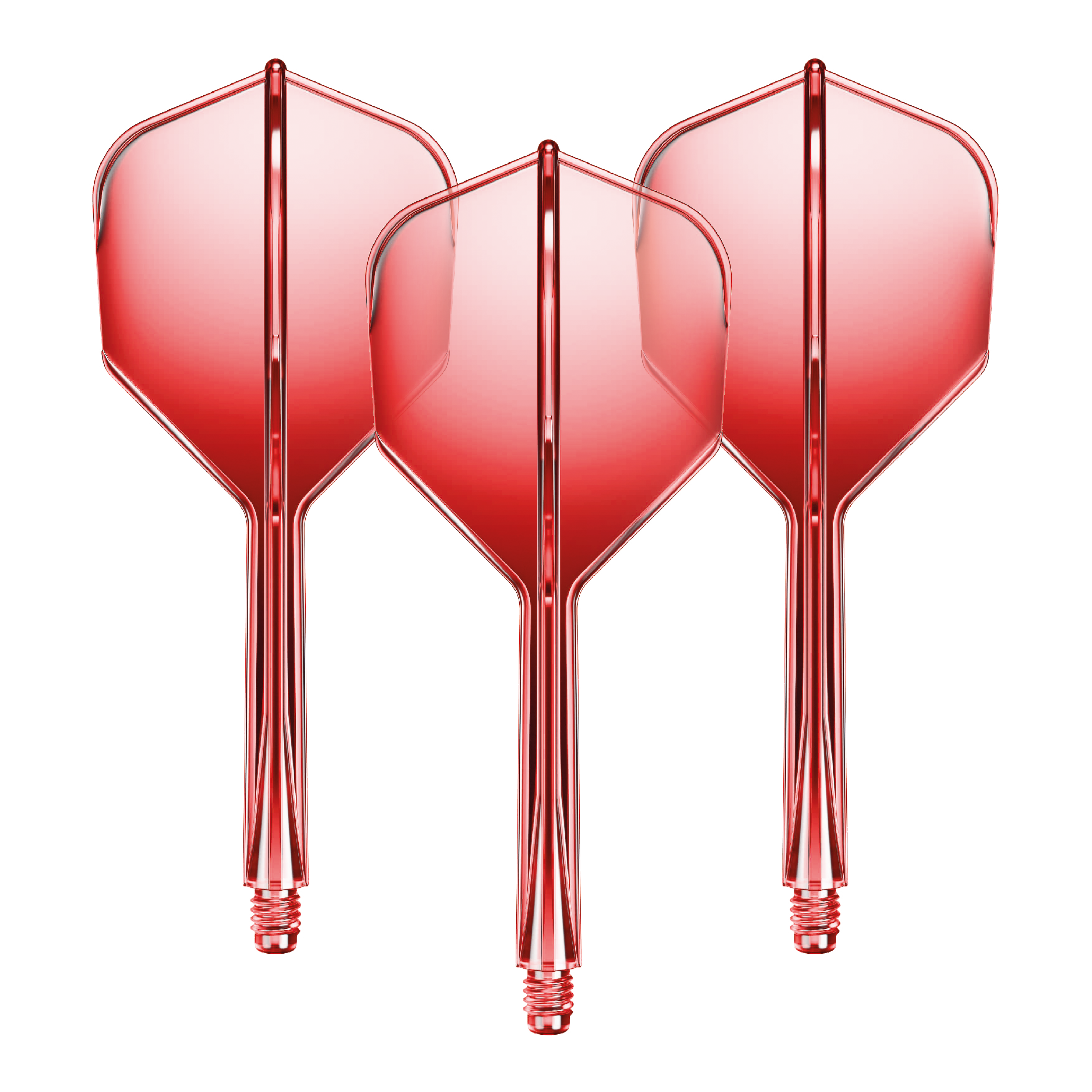 Das Bild zeigt drei rote Dartflights mit Shafts. Sie sind gleichmäßig nebeneinander angeordnet und haben eine glänzende Oberfläche.