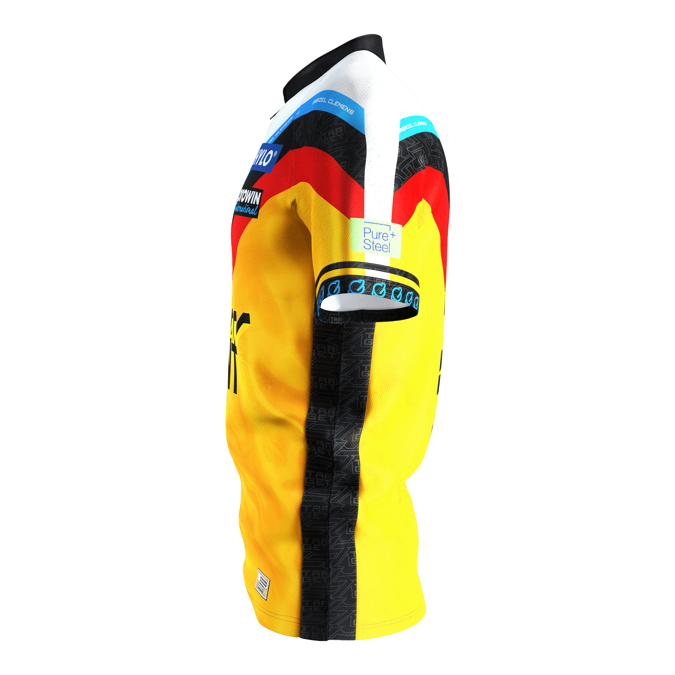 Target Coolplay Gabriel Clemens 2025 Dartshirt Das Bild zeigt das Target Coolplay Gabriel Clemens 2025 Dartshirt. Das Shirt ist überwiegend gelb mit schwarzen und roten Akzenten sowie Sponsorenlogos.