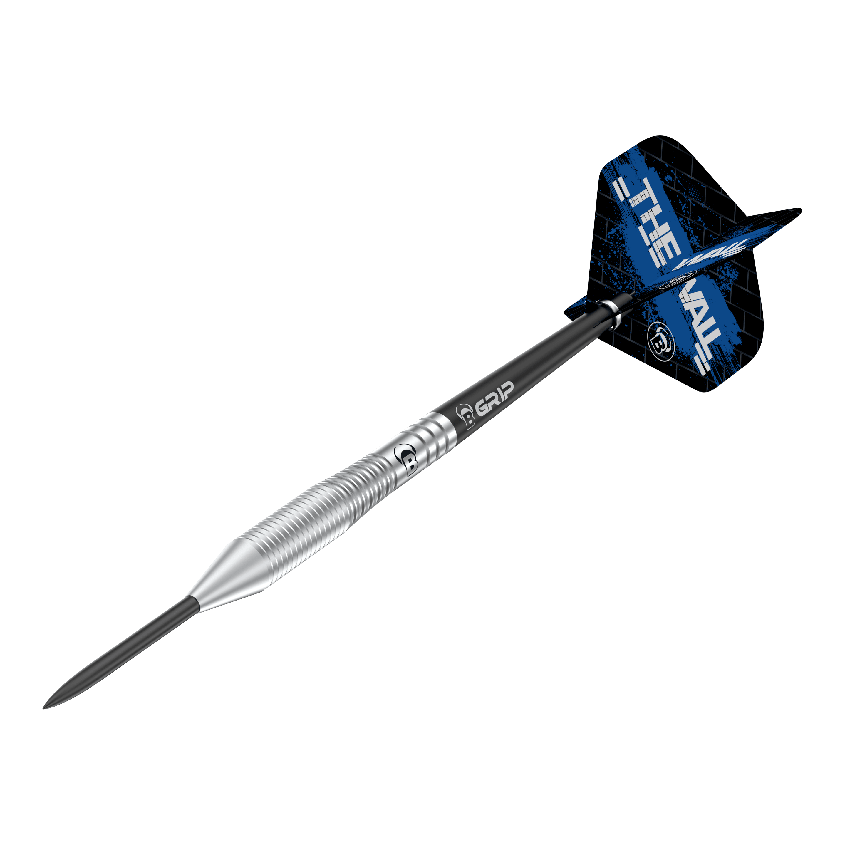 Bulls Martin Schindler TW80 Steeldarts Das Bild zeigt einen Steeldart namens "Bulls Martin Schindler TW80". Der Dart hat einen silbernen, geriffelten Schaft und blaue Flights mit der Aufschrift "THE WALL".