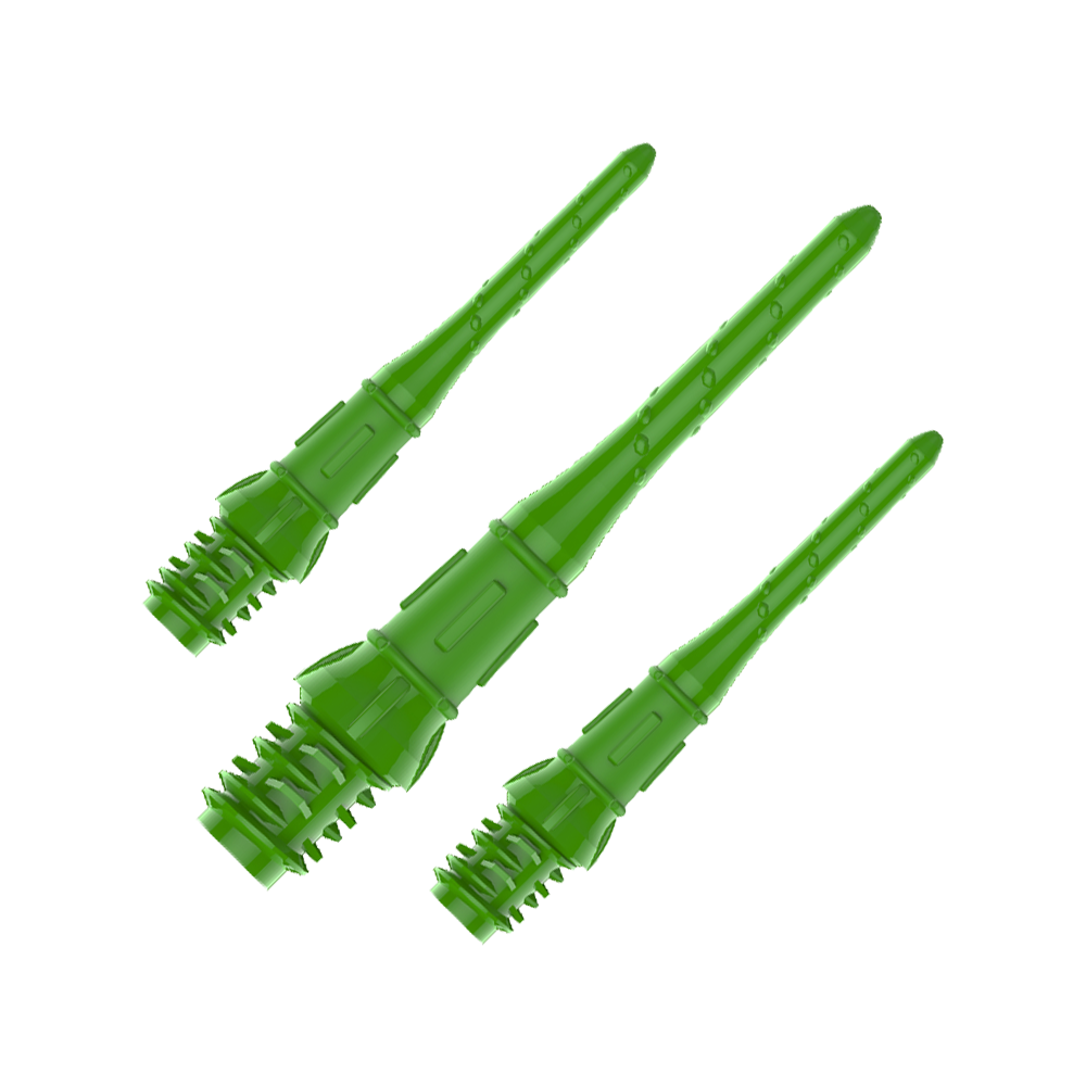 Premium Lippoints (30er Pack) - Spitzen Das Bild zeigt drei grüne Dartspitzen aus Kunststoff. Sie sind nebeneinander angeordnet und auf einem transparenten Hintergrund dargestellt.